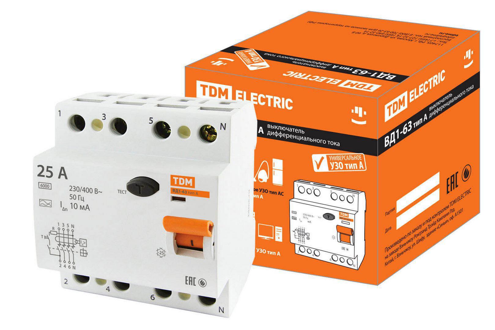 Изображение товара УЗО Tdm Electric ВД1-63 4P 25 A 10 мА 4.5 кА A SQ0203-0084