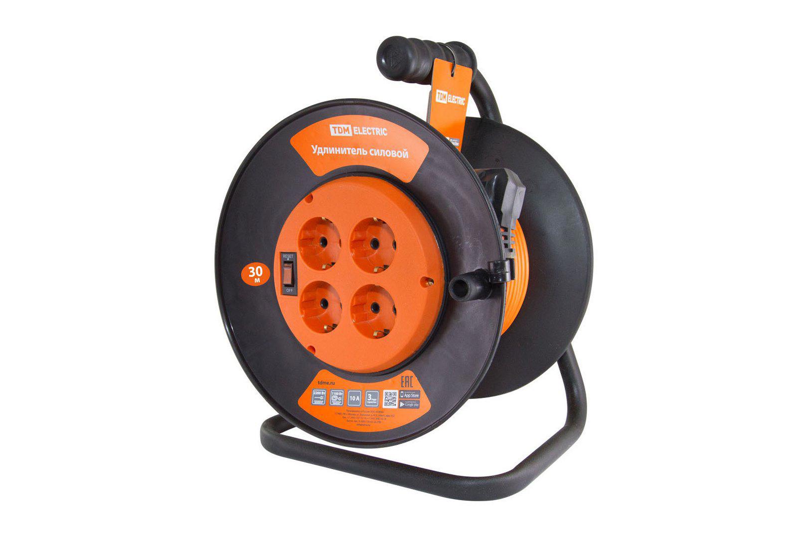 Изображение товара Удлинитель на катушке Tdm electric 30м 4 розетки IP20 с заземлением Изображение товара Удлинитель на катушке Tdm electric 30м 4 розетки IP20 с заземлением