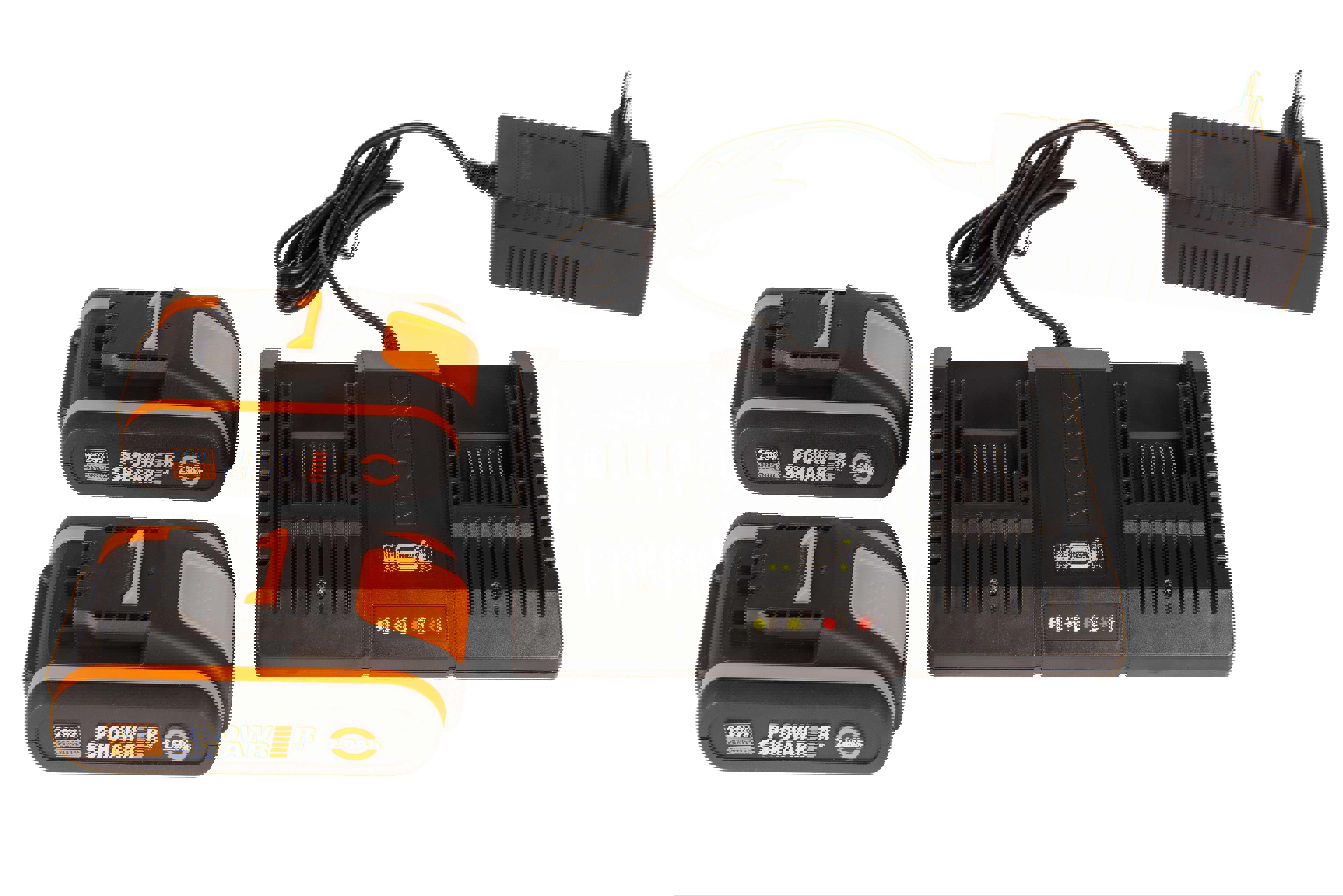 Изображение товара Комплект Worx WA3610 зарядное устройство Worx WA3869 Li-Ion 20 В 2 шт. аккумулятор Worx WA3533 20 В Li-Ion 4 Ач 2шт.