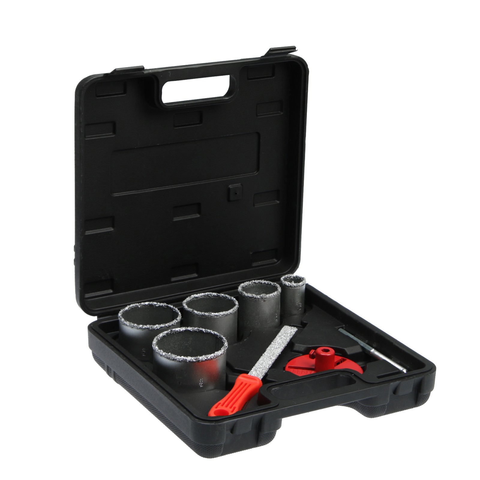 Изображение товара Набор коронок кольцевых по керамике ТУНДРА 5 шт + напильник 33-83 мм для сухого реза