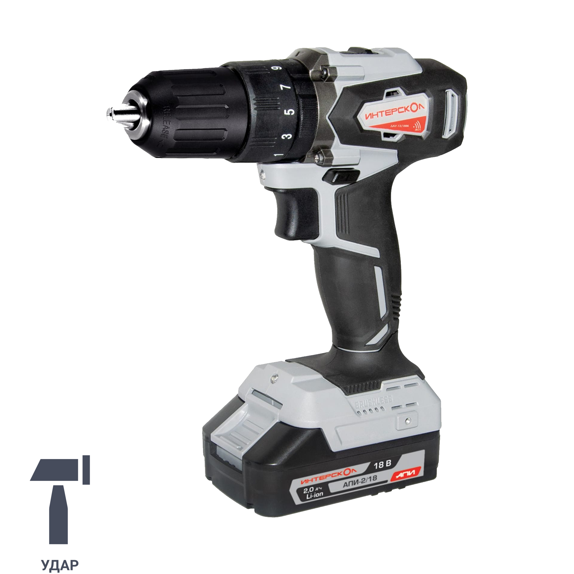 Изображение товара Дрель-шуруповерт бесщеточная Интерскол ДАУ-13/18ВК аккумуляторная 18 В 2x2 Ач