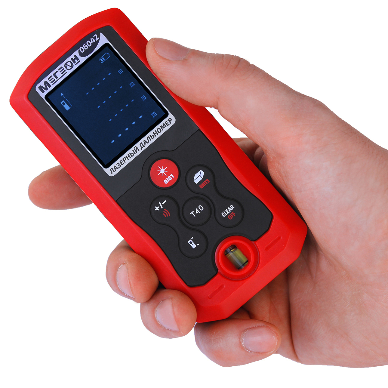 Изображение товара Лазерный дальномер МЕГЕОН 06042 до 40 метров с функциями Пифагора и памяти