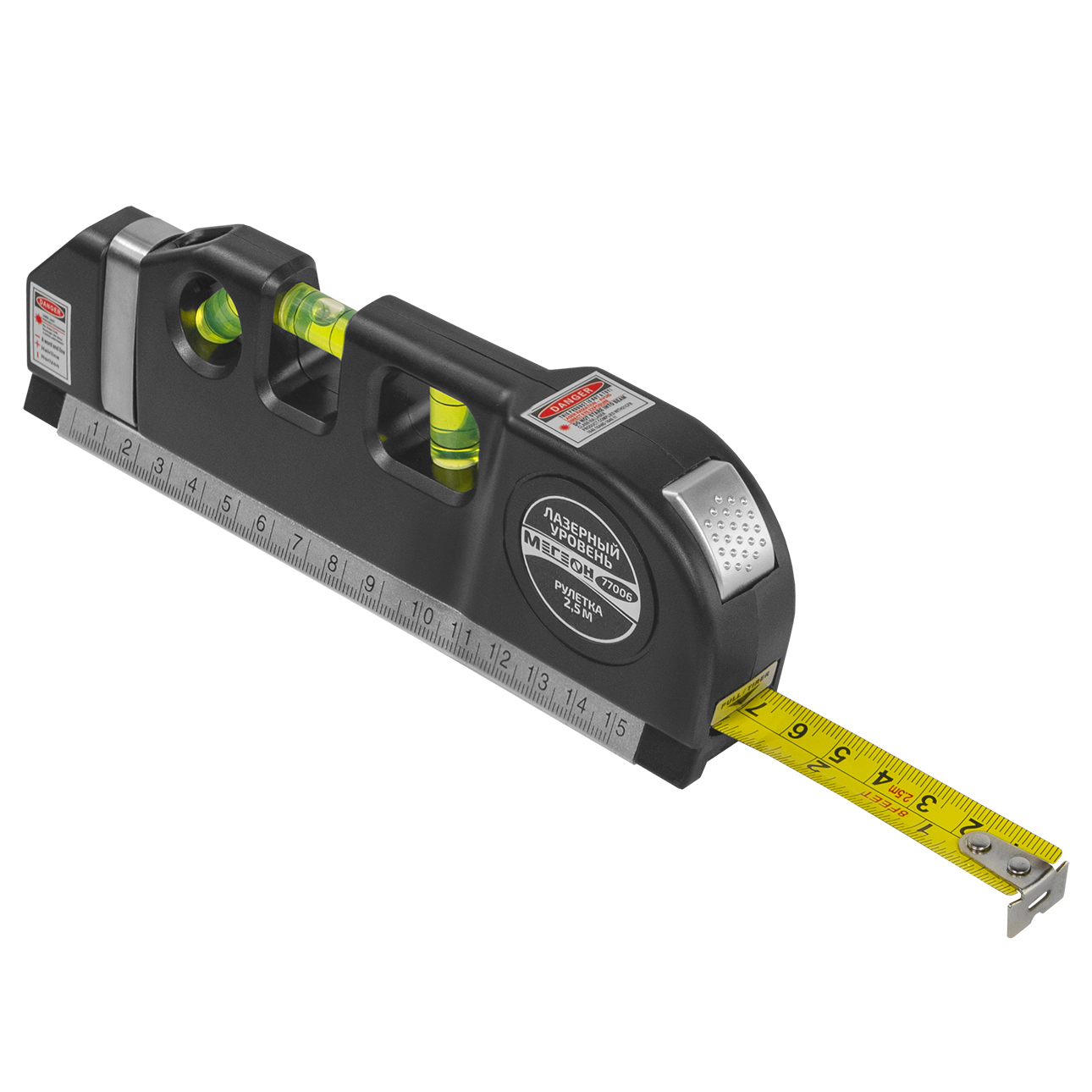 Изображение товара Уровень пузырьковый Мегеон 77006 3 глазка 211 мм с лазером и рулеткой