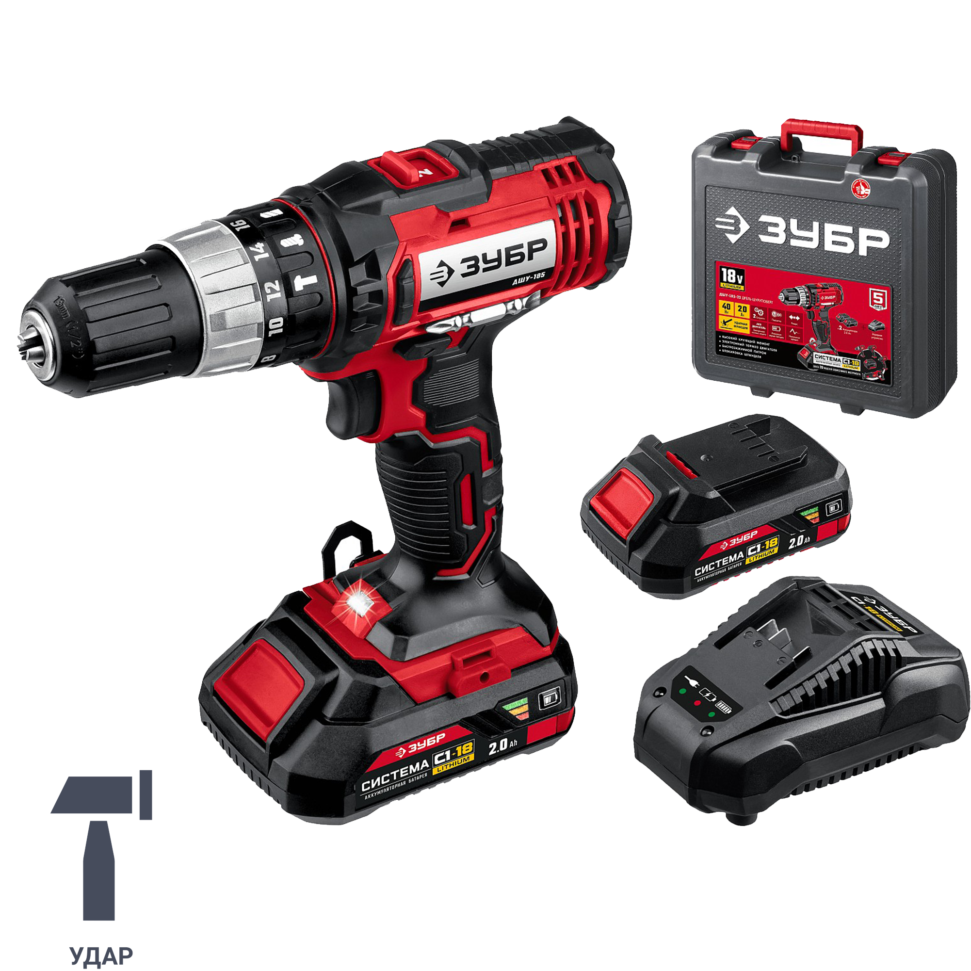 Изображение товара Аккумуляторная ударная дрель-шуруповерт Зубр ДШУ-185-22 18 В Li-Ion 2x2 Ач