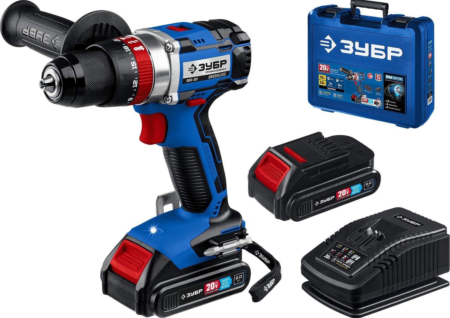 Изображение товара Дрель-шуруповерт аккумуляторная ударная бесщеточная Зубр DBS-201-22, 20 В Li-Ion 2x2 Ач