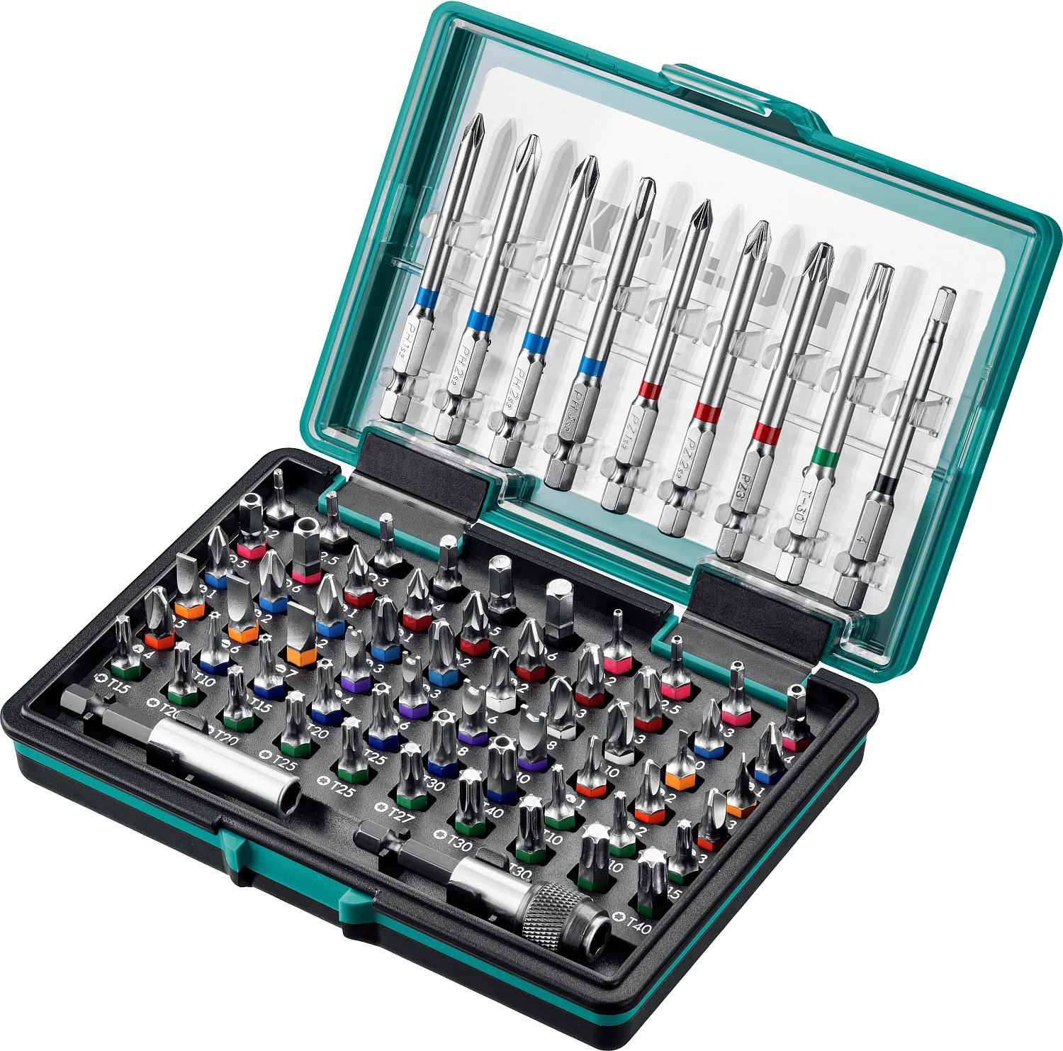 Изображение товара Набор бит Kraftool 26067-H71 71 шт цветовая маркировка, магнитный держатель, кейс