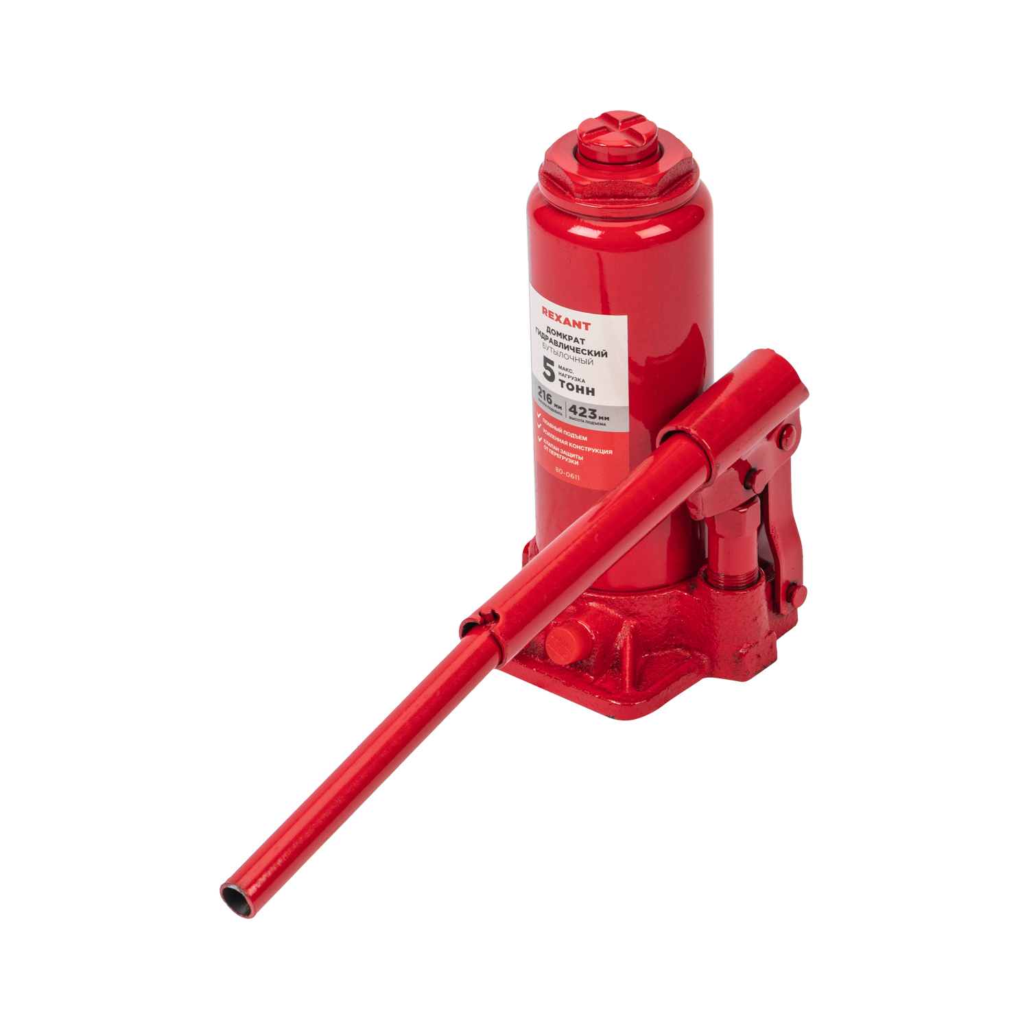 Изображение товара Домкрат бутылочный гидравлический Rexant 80-0611 до 5 т, 216-423 мм