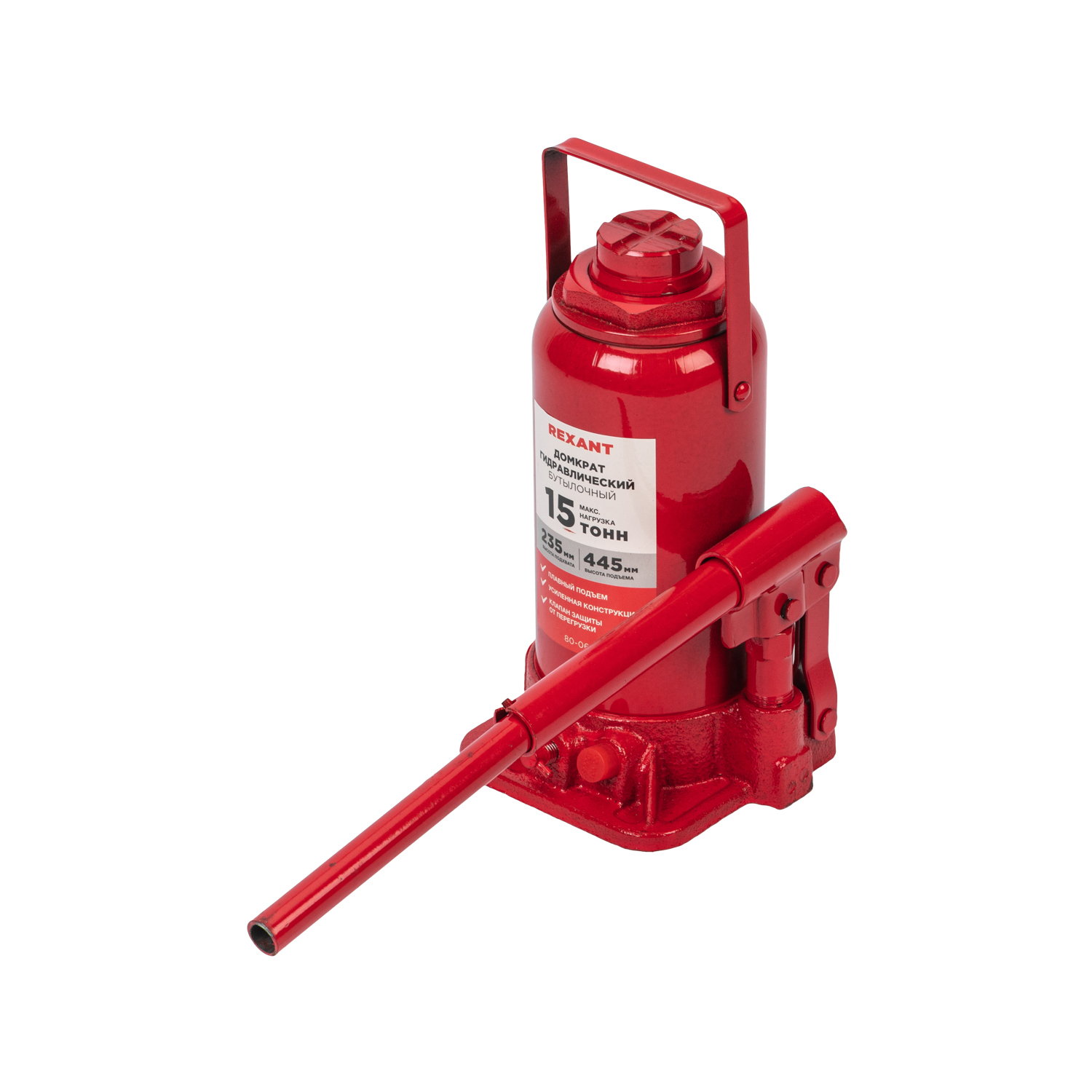 Изображение товара Домкрат бутылочный гидравлический Rexant 80-0615 до 15 т, 235-445 мм