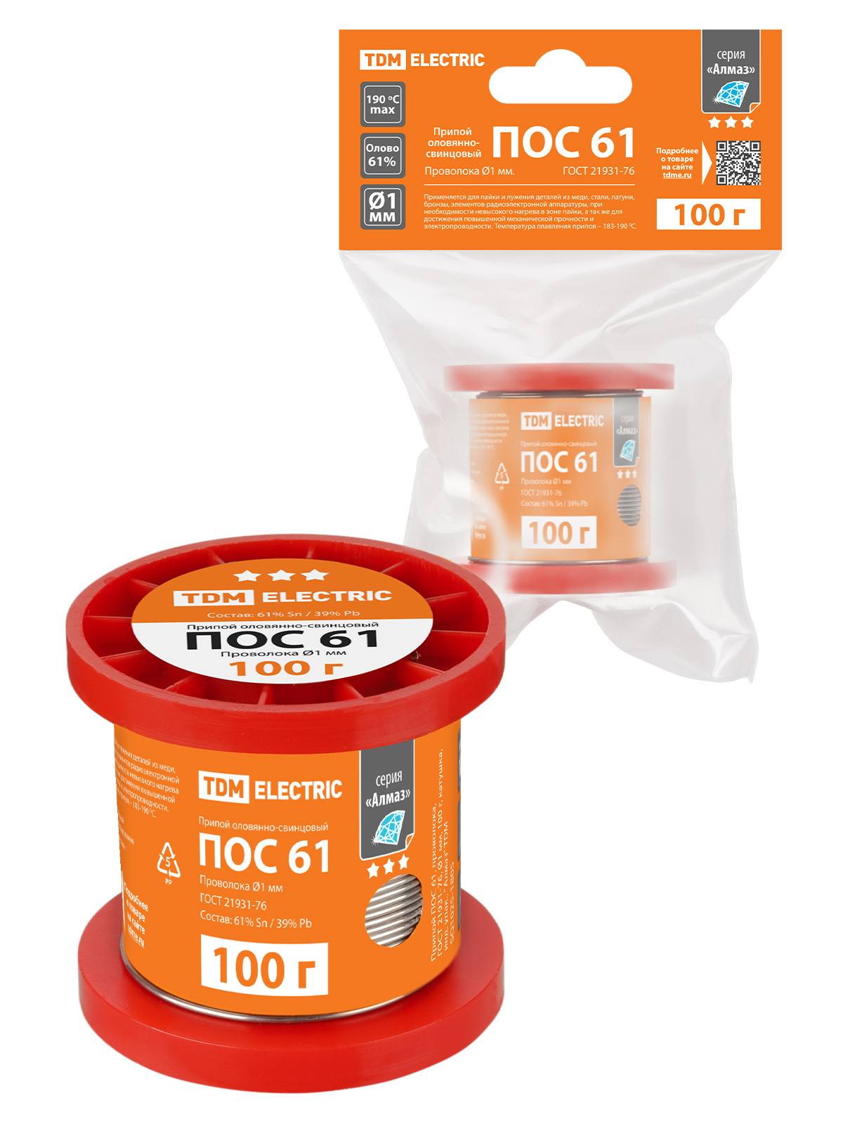 Изображение товара Припой TDM Electric ПОС 61 проволока Ø1 мм 100 г для пайки электроники и металла