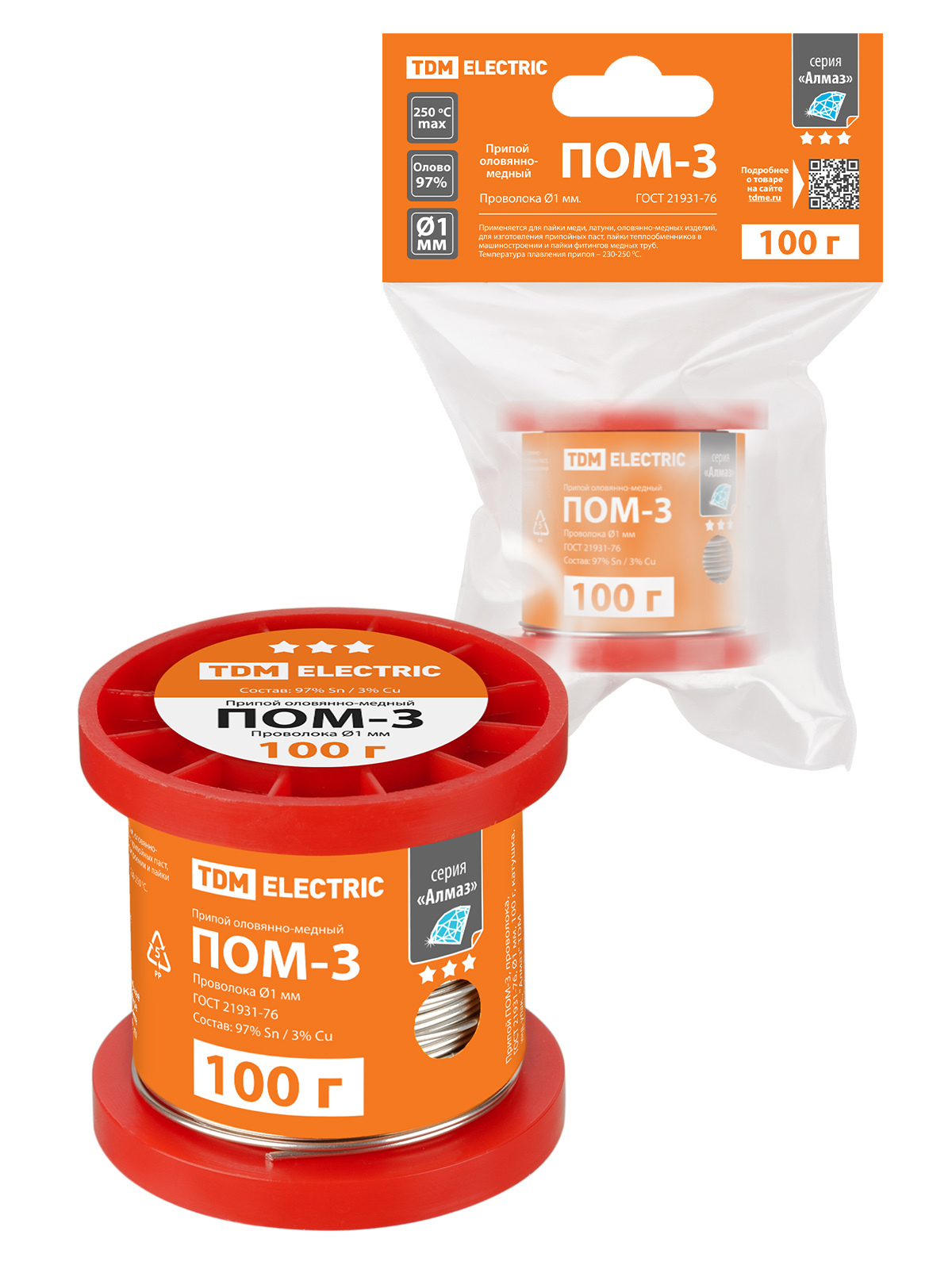 Изображение товара Припой TDM Electric ПОМ-3 проволока Ø1 мм 100 г для пайки радиоэлектроники