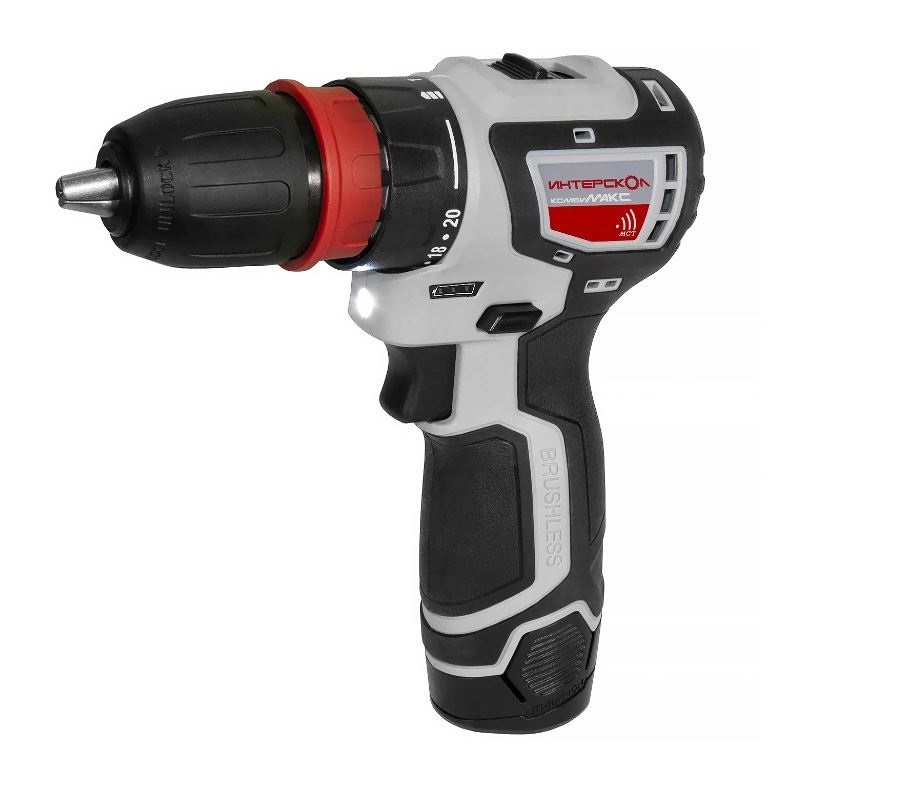 Изображение товара Дрель-шуруповерт аккумуляторная бесщеточная Интерскол ДА-10/12В КомбиМАКС НСК 687.2.2.77, 12 В Li-Ion 2x2 Ач