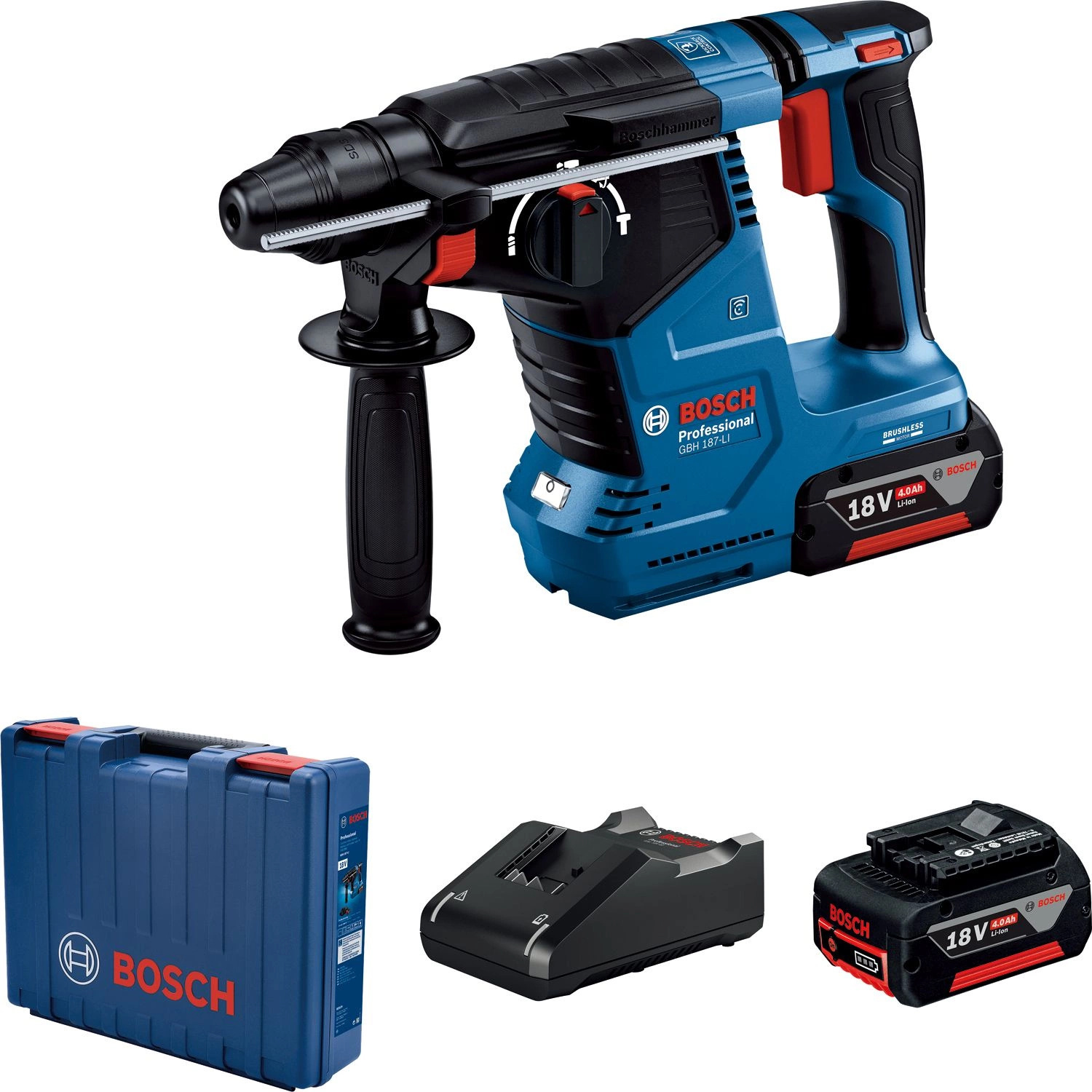 Изображение товара Перфоратор аккумуляторный бесщеточный SDS Plus Bosch Professional GBH 187-LI 611923021, 18 В Li-Ion 1x5 Ач, 2.4 Дж