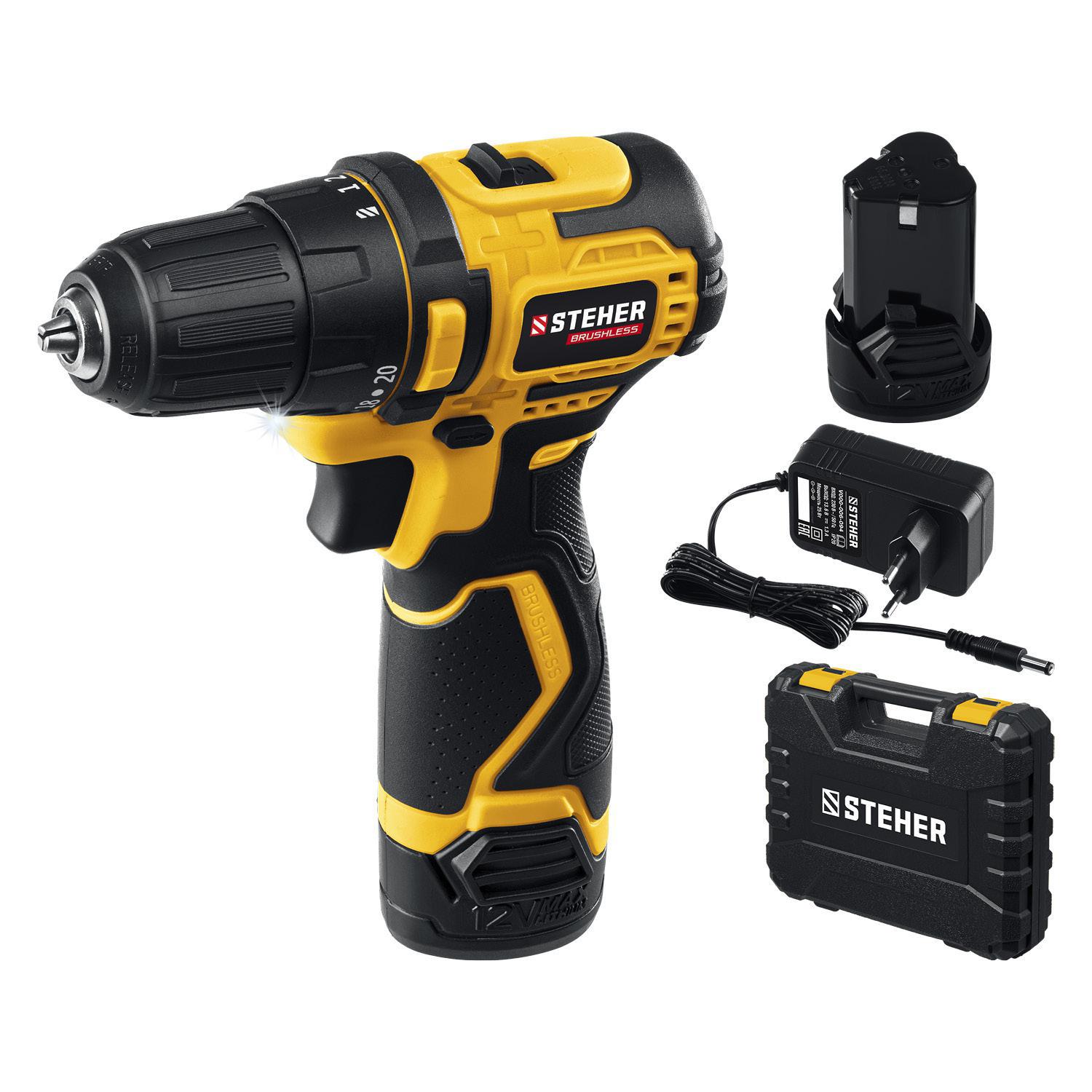 Изображение товара Аккумуляторная дрель-шуруповерт STEHER CDB-120 12 В бесщеточная с кейсом