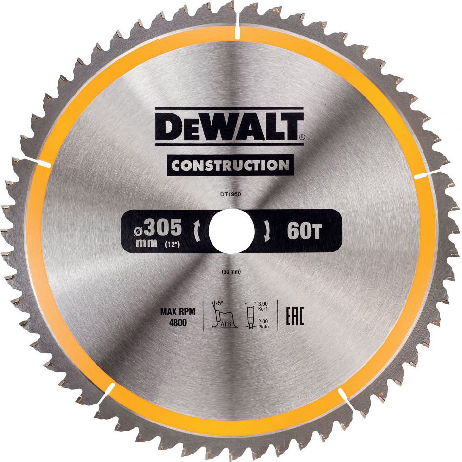 Изображение товара Пильный диск Dewalt по дереву 305x30 мм 60 зубьев DT1960-QZ Изображение товара Пильный диск Dewalt по дереву 305x30 мм 60 зубьев DT1960-QZ