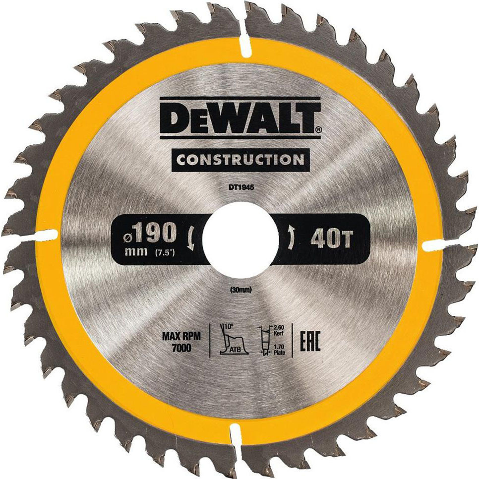 Изображение товара Пильный диск Dewalt по дереву 190x30 мм 40 зубьев DT1945-QZ Изображение товара Пильный диск Dewalt по дереву 190x30 мм 40 зубьев DT1945-QZ