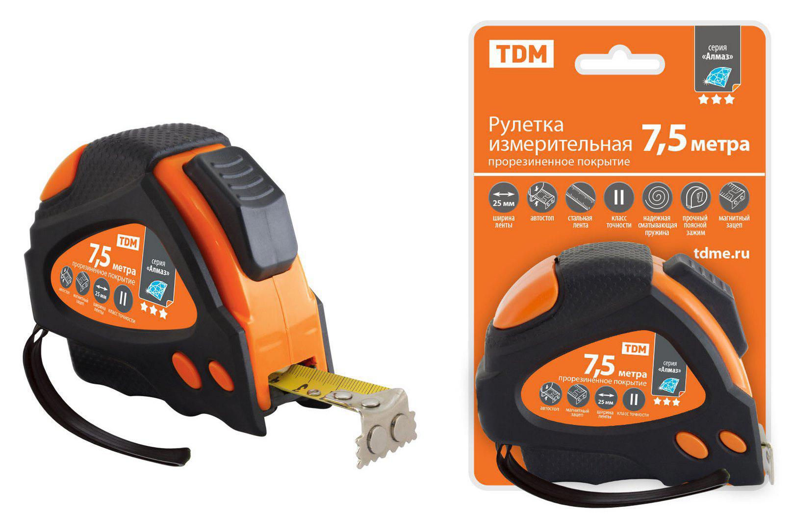 Изображение товара Рулетка Tdm Electric SQ1018-0111 7.5 м x 25 мм, ударопрочная, магнитный наконечник