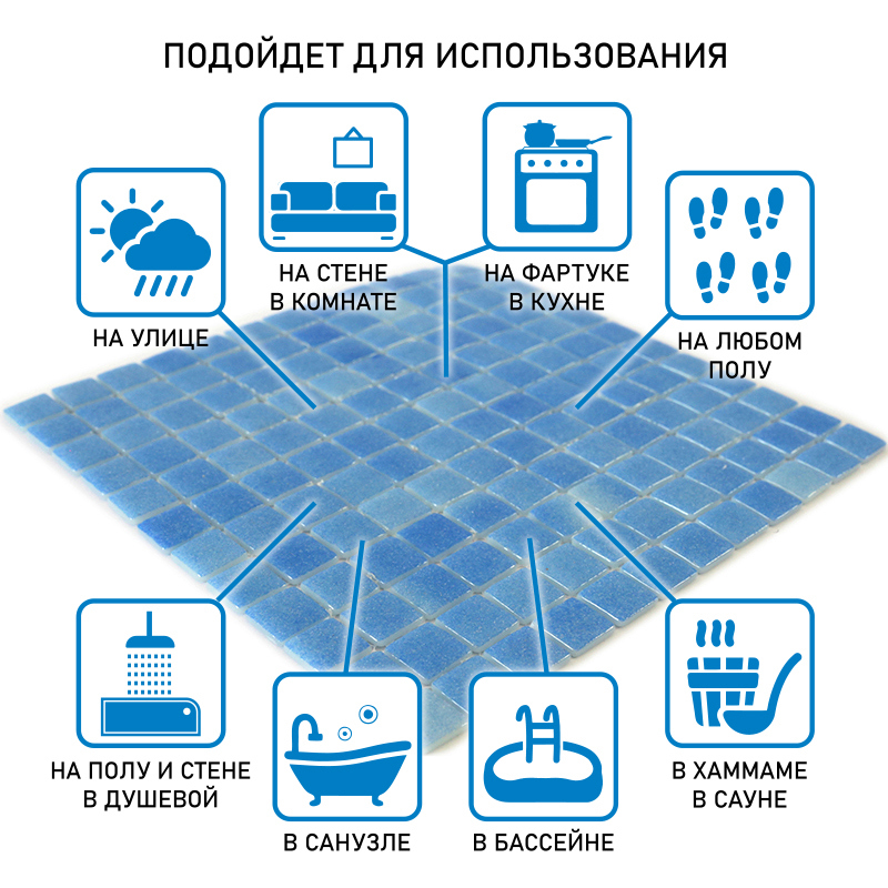 Изображение товара Декоративная стеклянная мозаика Natural Steppa 31.5х31.5 см синий для бассейнов и комнат
