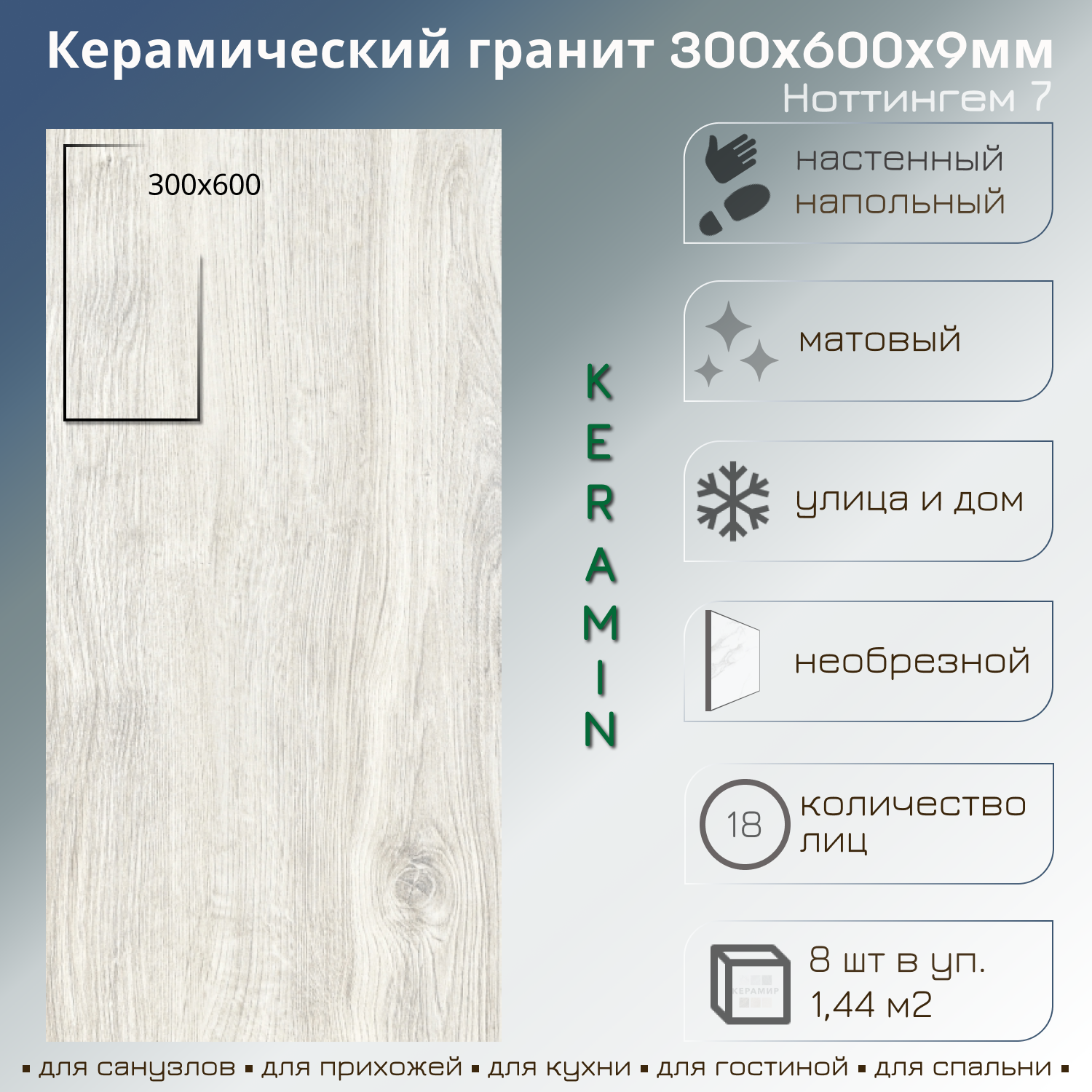 Изображение товара Керамогранит Керамин Ноттингем 7 30x60 см серый