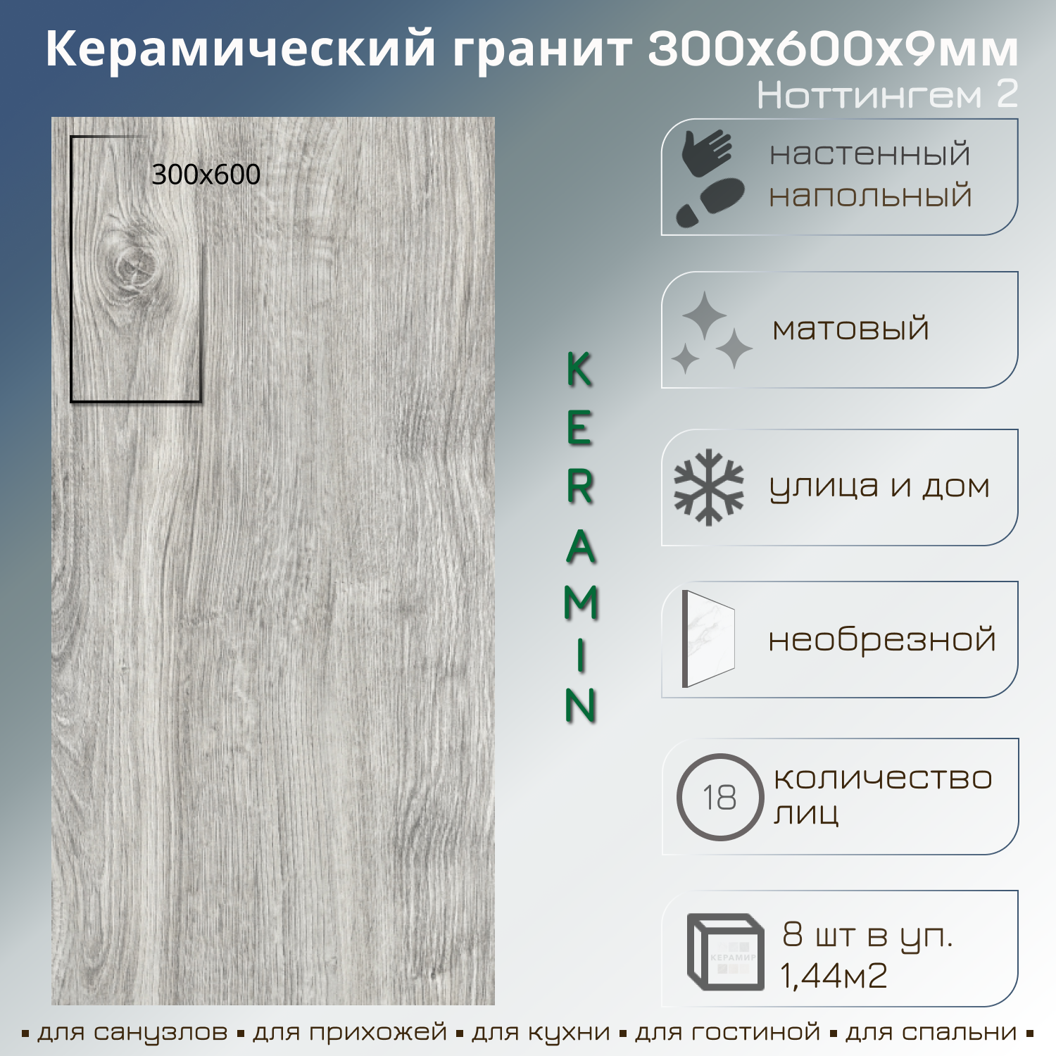 Изображение товара Керамогранит Керамин Ноттингем 2 30x60см 1.44 м² цвет серый