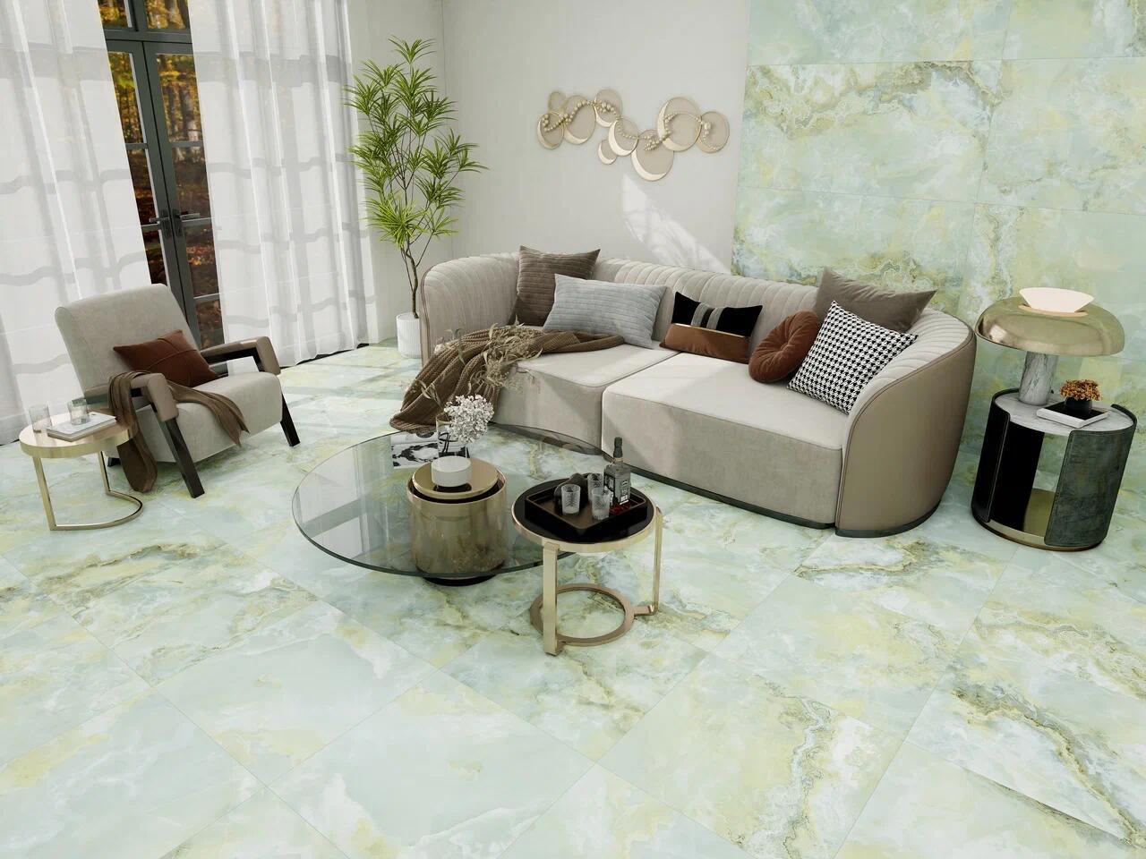 Изображение товара Керамогранит Duna Onyx Verde 120x60 см зеленый с играми светлого и лаймового оттенка