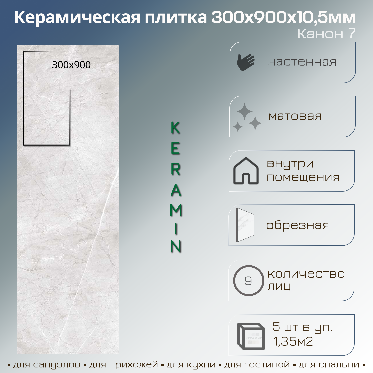 Изображение товара Керамогранит Настенная плитка Керамин Канон 7 30x90 см серый для стен интерьера