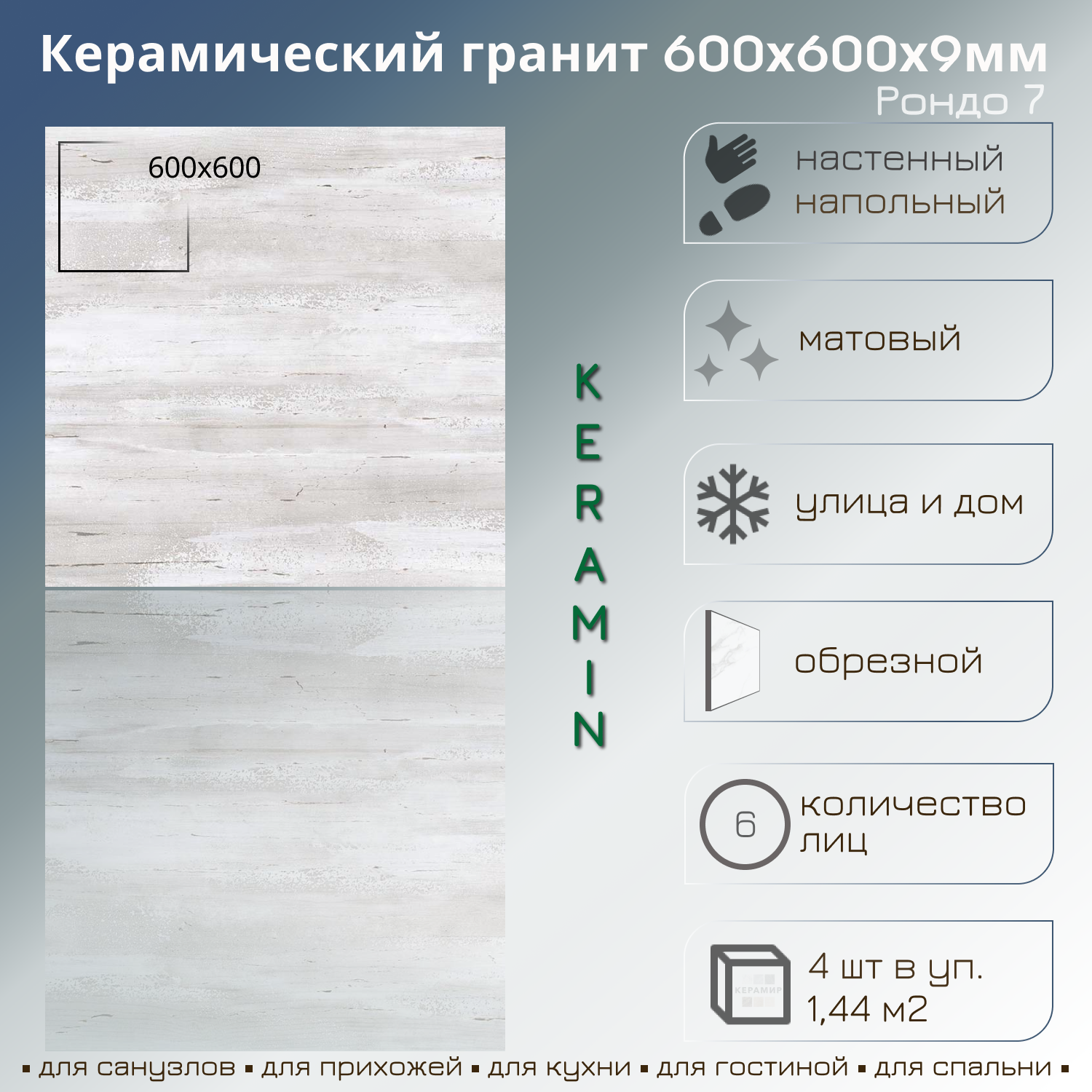 Изображение товара Керамогранит Керамин Рондо 7 60x60 60x60см 1.44 м² цвет серый светлый
