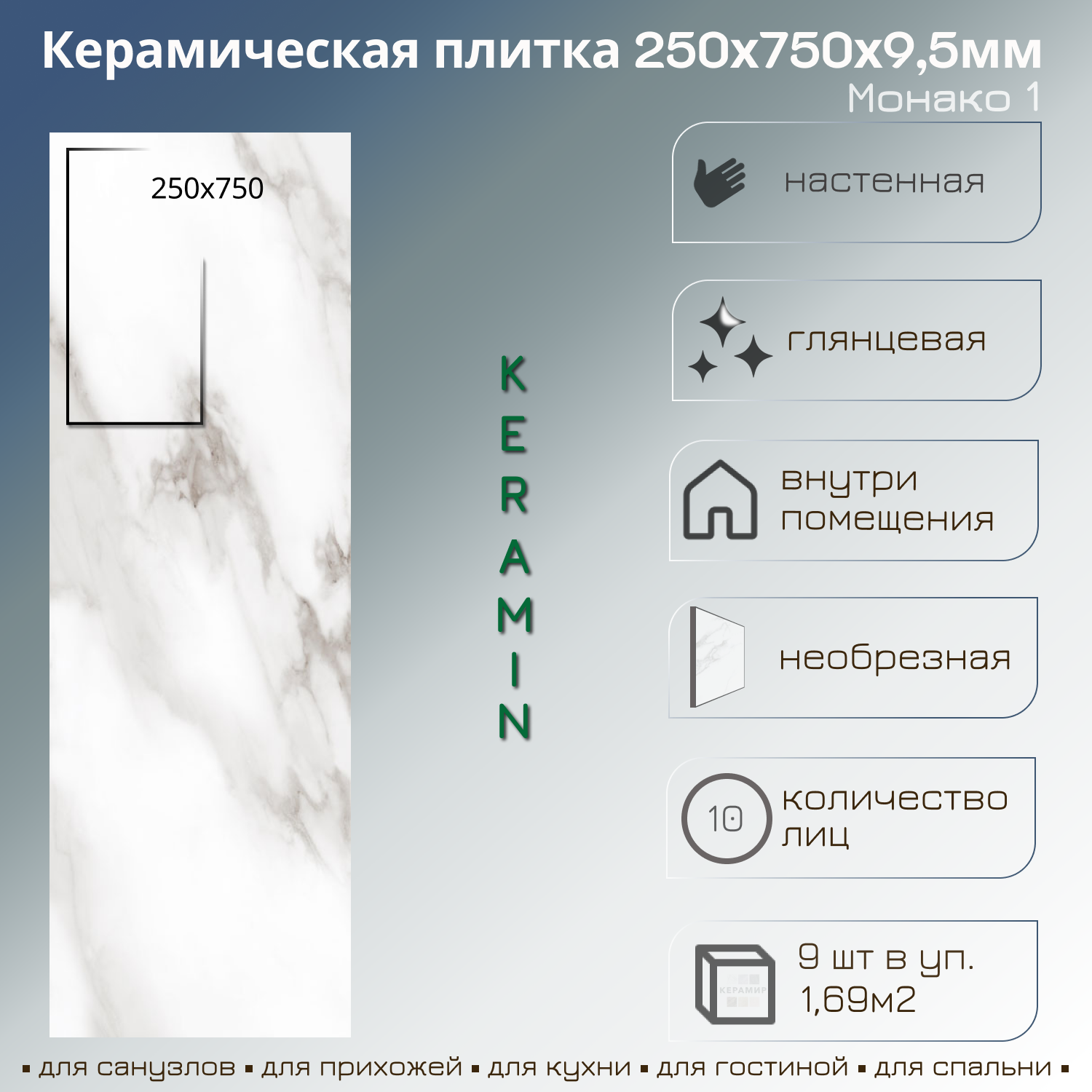 Изображение товара Плитка Керамин Монако 1 25x75 25x75см 1.69 м² цвет белый