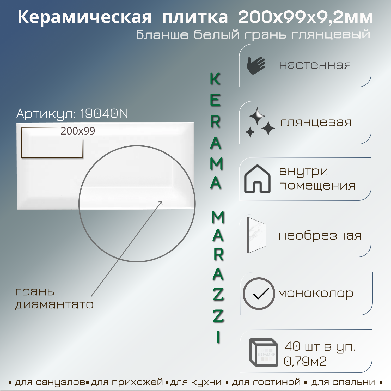 Изображение товара Настенная плитка Kerama marazzi Бланше 19040N 9.9x20см белая глянцевая для стен