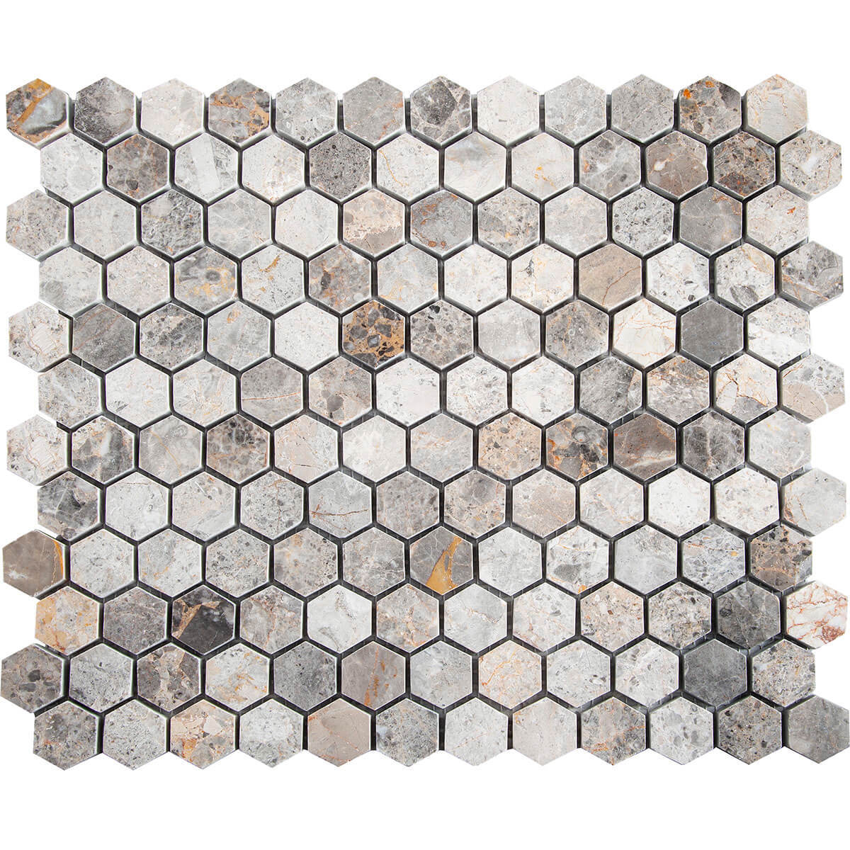 Изображение товара Мозаика из натурального мрамора Hexagon vlgp 23x23 серый серебристый 26.5x30.5см