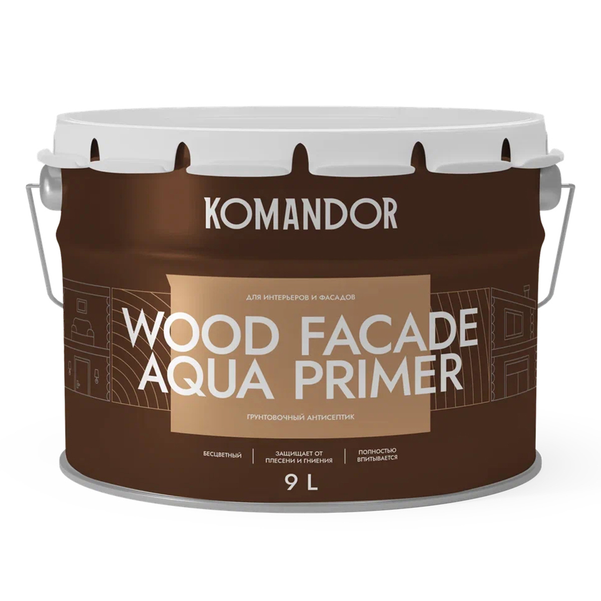 Изображение товара Грунтовка-антисептик Komandor Wood Facade Aqua Primer 9л бесцветный Изображение товара Грунтовка-антисептик Komandor Wood Facade Aqua Primer 9л бесцветный