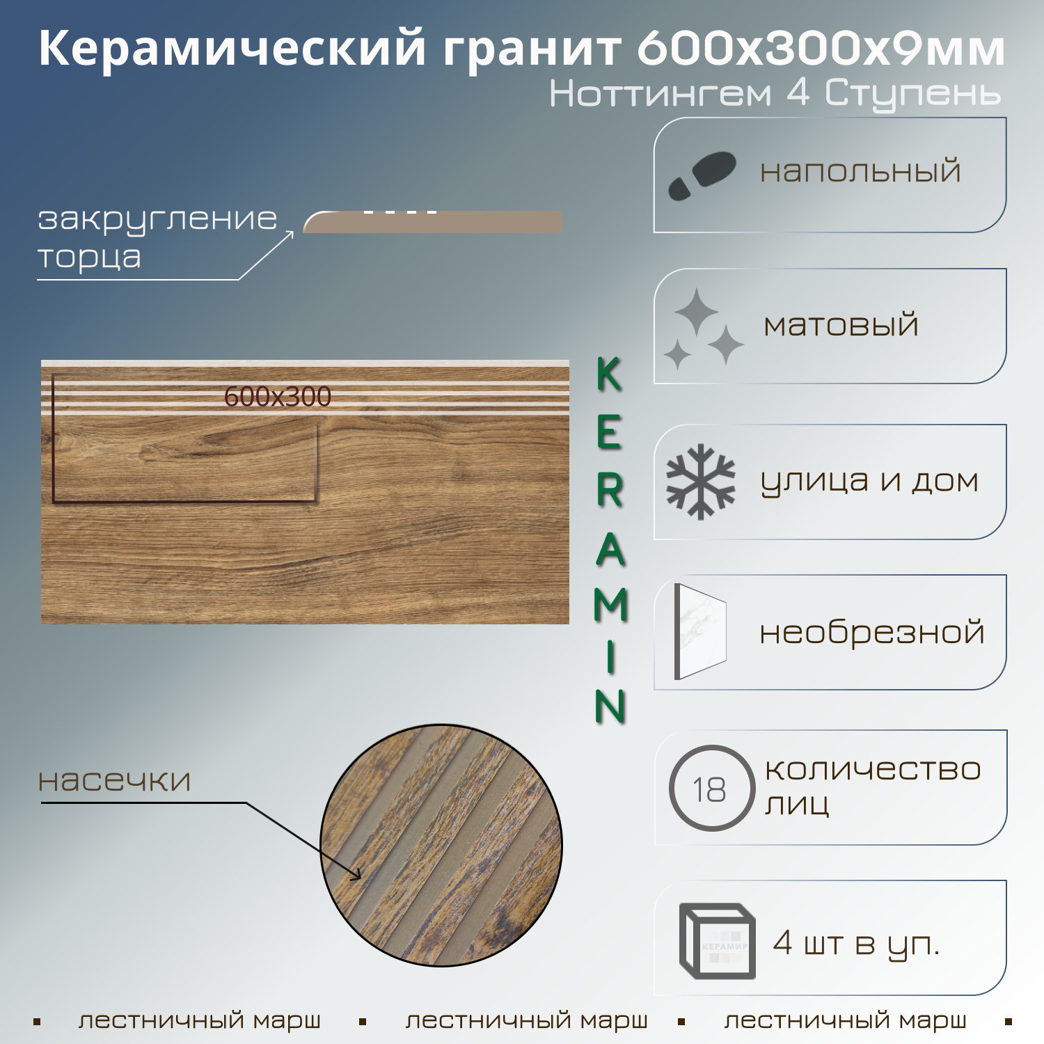 Изображение товара Ступень из керамогранита Керамин Ноттингем 4 30x60 для интерьера и outdoors