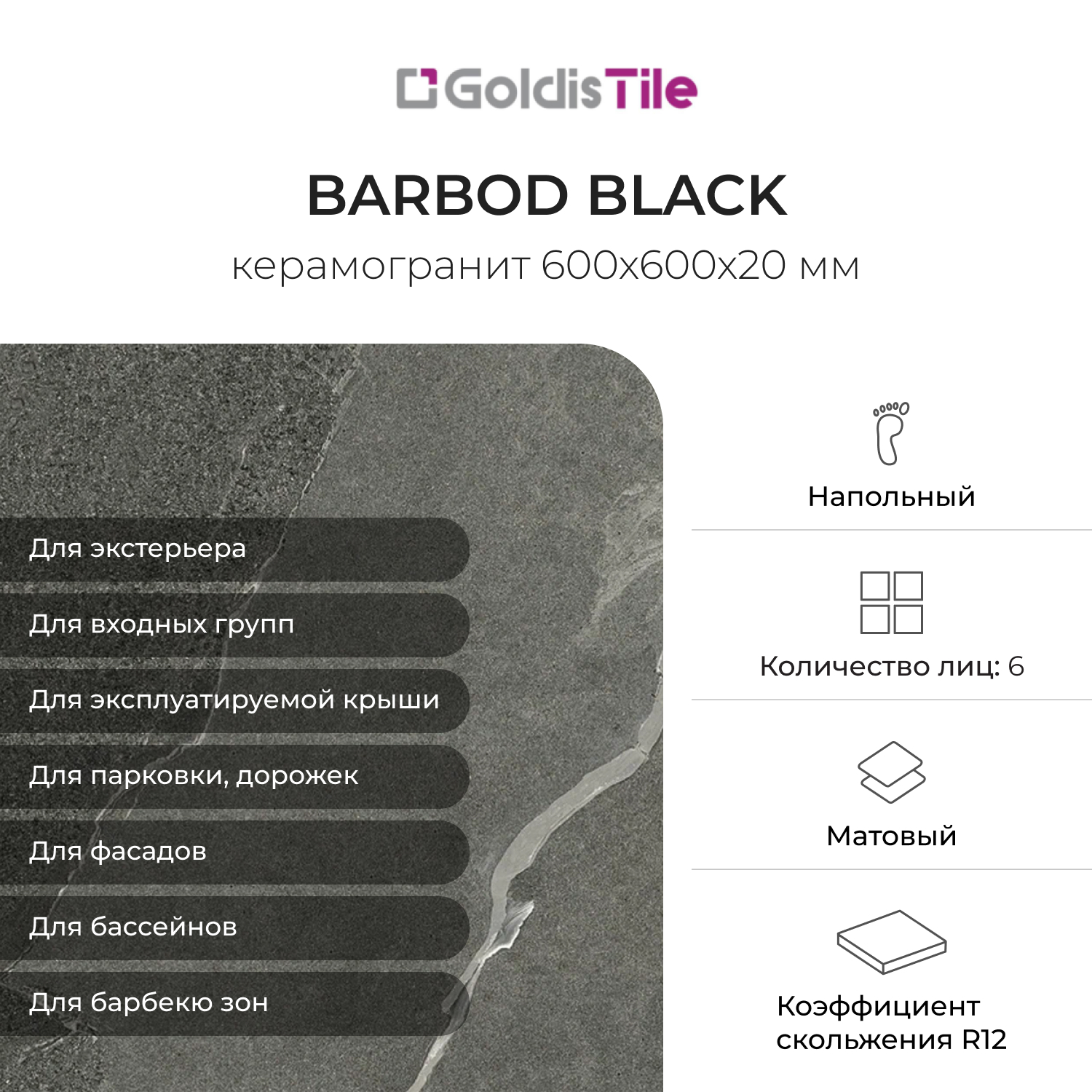 Изображение товара Керамогранит КЕРАМОПРО Barbod черный 60x60 см утолщенный