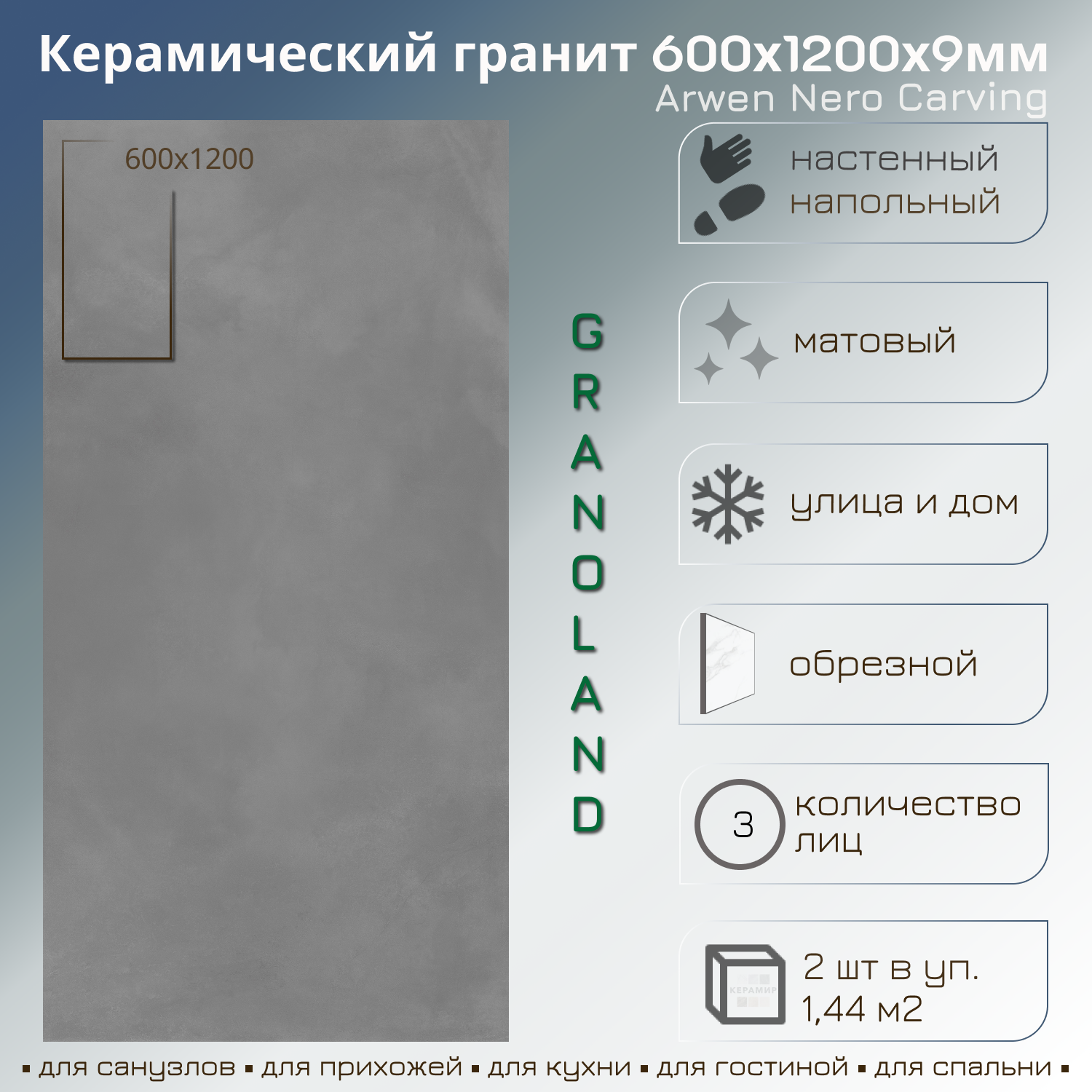Изображение товара Керамогранит Granoland ARWENNERO120 60x120 см серый бетон с эффектом и ректифицированными краями