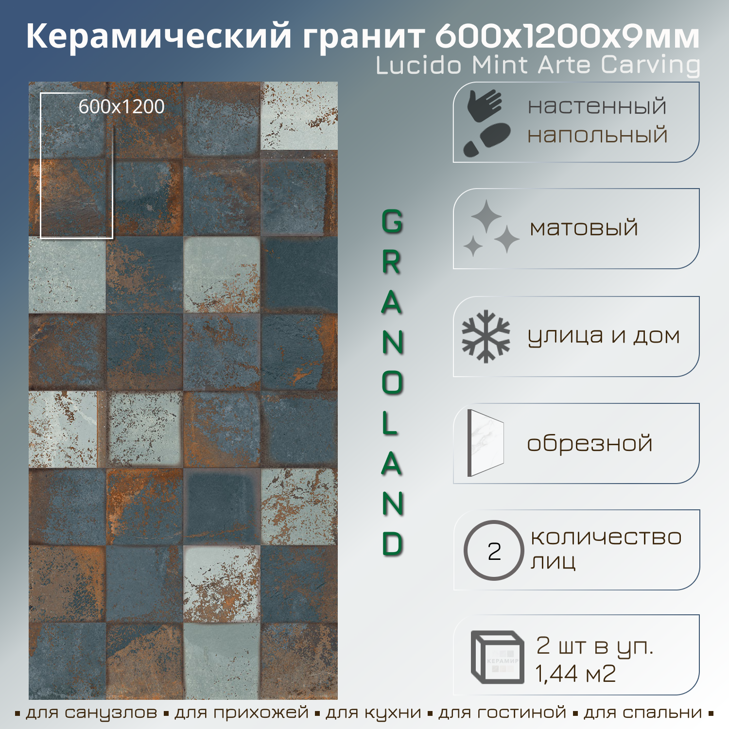 Изображение товара Керамогранит Granoland LUCIDOMINTARTE120 60x120см синий для пола и стен современный дизайн