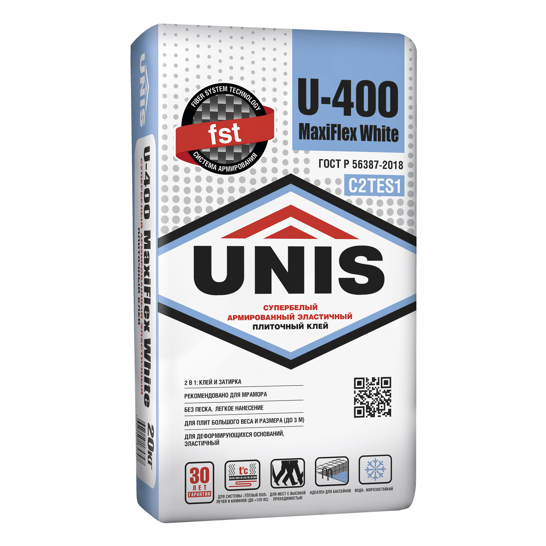 Изображение товара Эластичный белый плиточный клей Unis U-400 Maxiflex white 20 кг