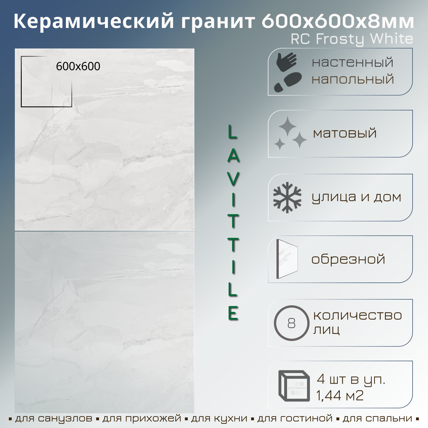 Изображение товара Керамогранит Lavit tile Lavittile RCFROSTY 60x60см цвет серый/серебристый