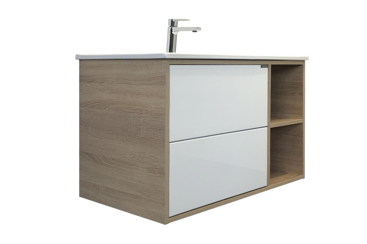 Изображение товара Тумба Comforty Гамбург-90 с раковиной, дуб сонома, подвесная, 2 ящика
