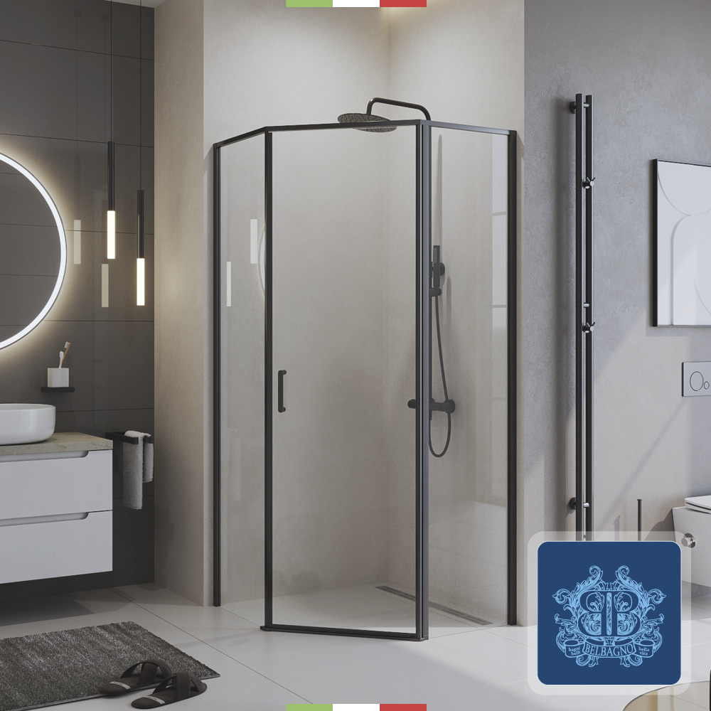 Изображение товара Душевой уголок Belbagno UNO-195-P-1-100-C-NERO пятиугольник 100x100см черный профиль эффект стекла прозрачный