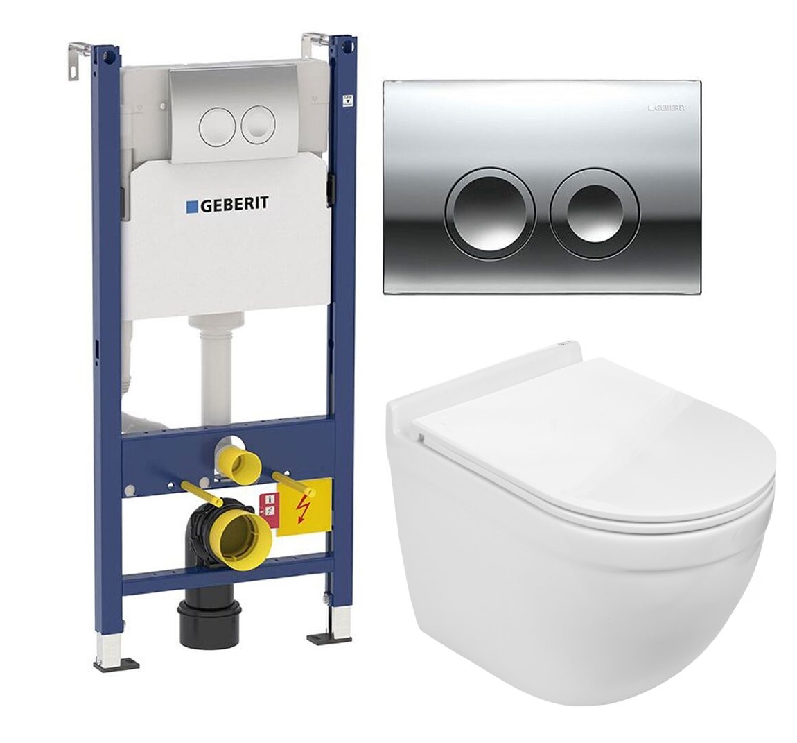 Изображение товара Комплект 3 в 1 инсталляция Geberit Duofix Delta с подвесным унитазом WeltWasser Heimbach 004 GL-WT кнопка хром круглая 472107