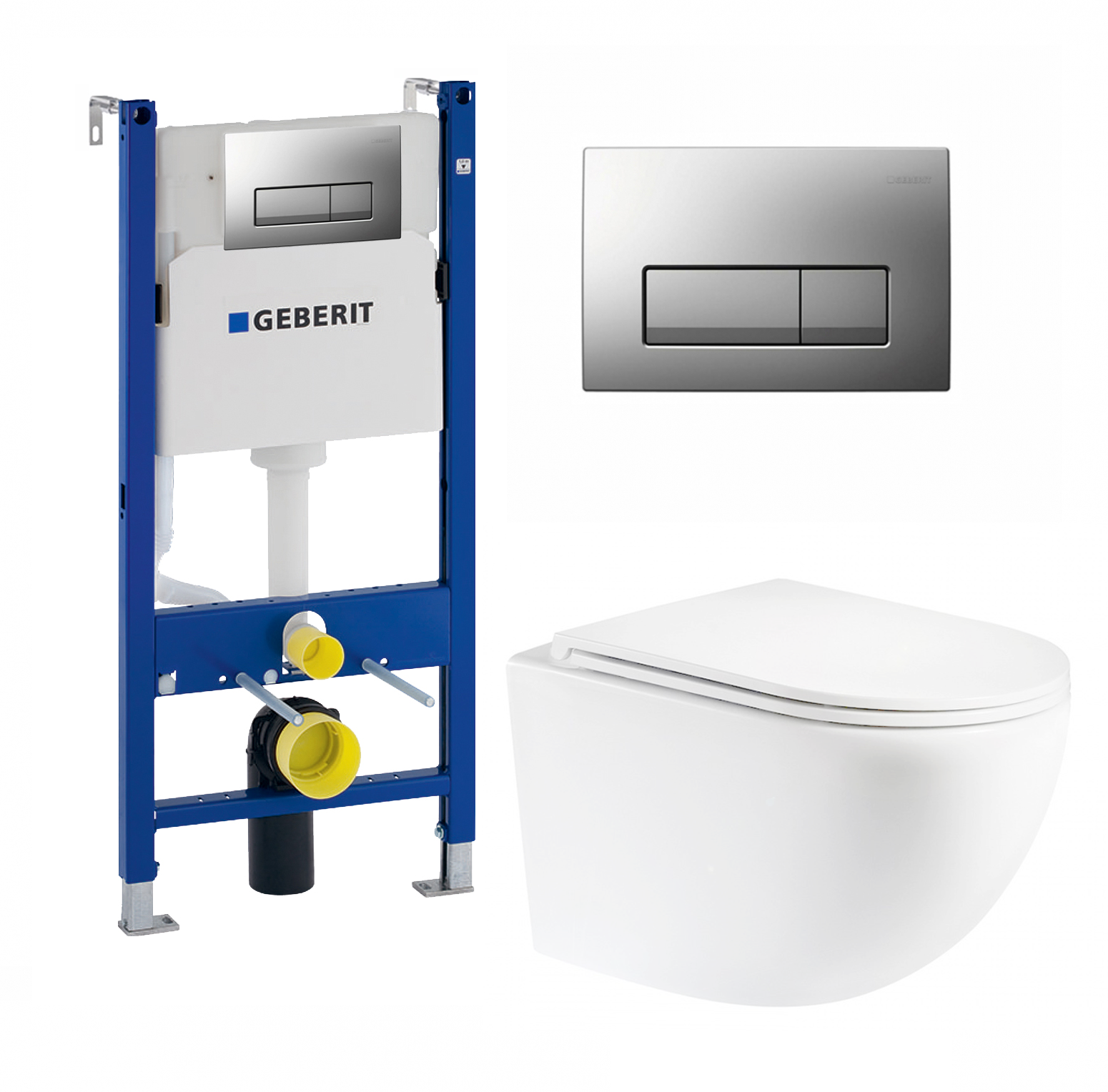 Изображение товара Комплект инсталляция Geberit Duofix UP100 с подвесным унитазом BelBagno Uno и кнопкой хром матовый