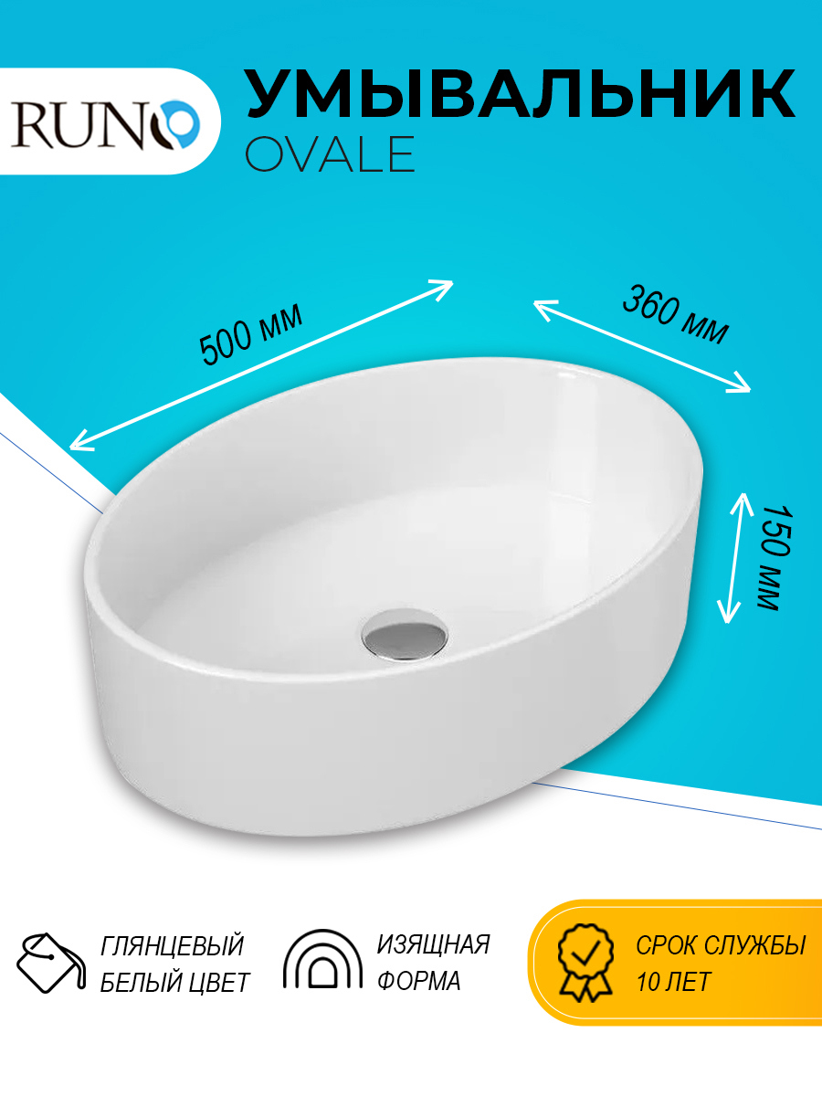 Изображение товара Раковина накладная Runo OVALE 50x9 цвет белый