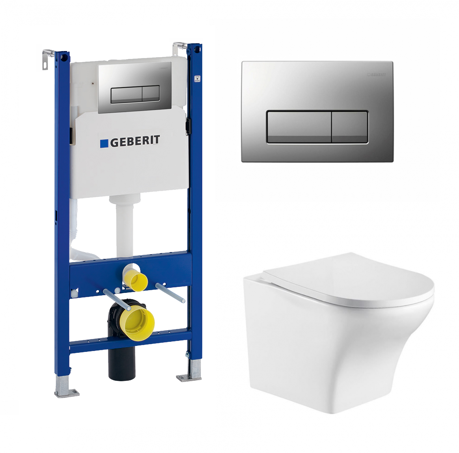 Изображение товара Комплект 3 в 1 инсталляция Geberit Duofix UP100 с подвесным унитазом WeltWasser Odenbach 004 GL-WT, кнопка хром матовый