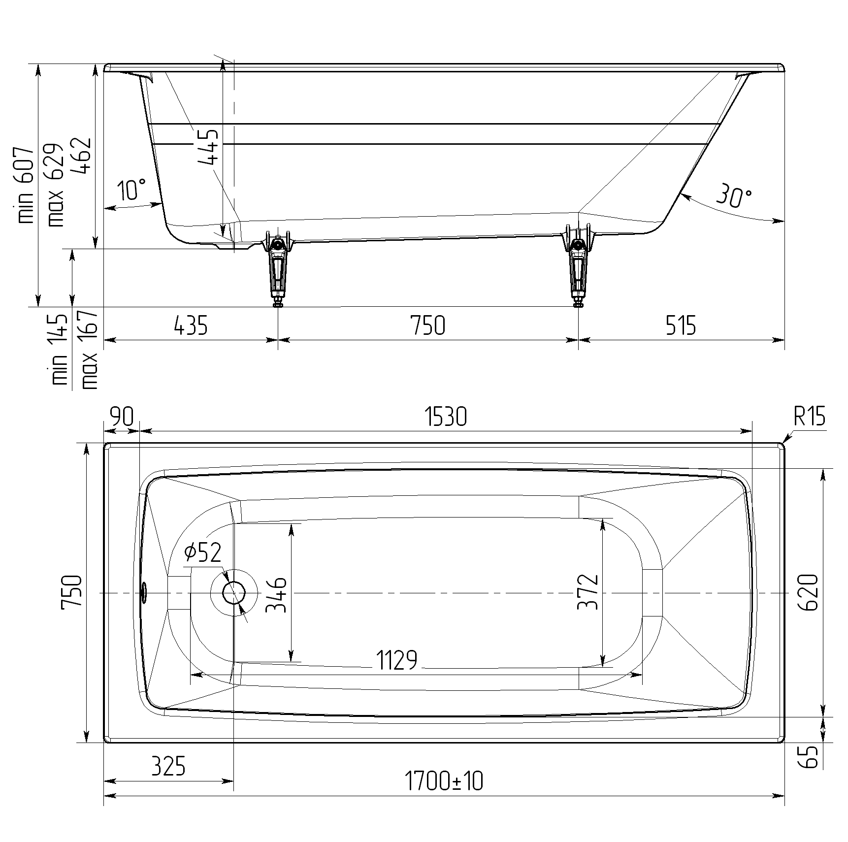 Изображение товара Прямоугольная ванна Универсал Бриз 3.VCH.B170 чугун 170x75см