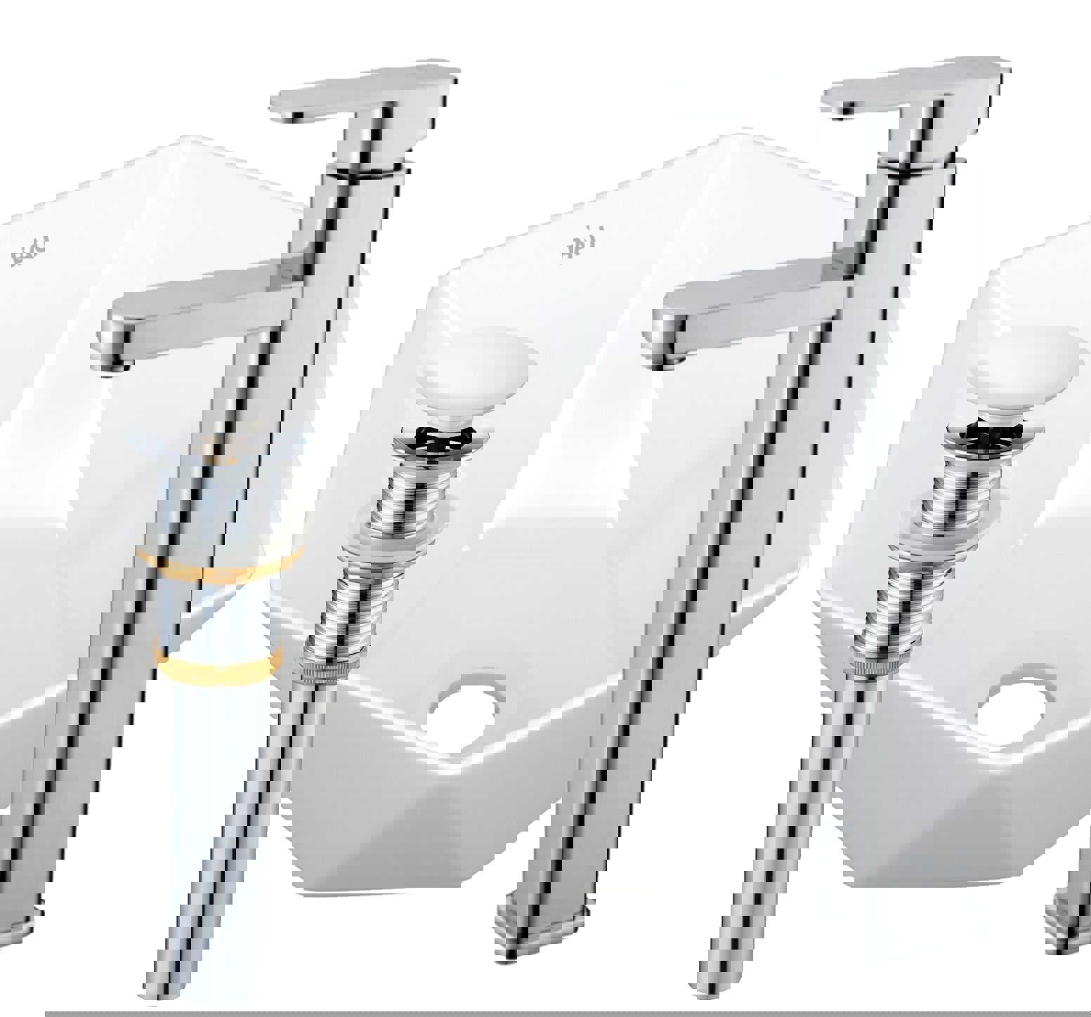 Изображение товара Накладная раковина из фарфора BAU Crystal 40x40 с смесителем Hotel Still и выпуском клик-клак