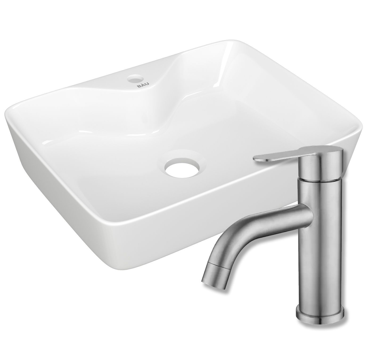 Изображение товара Раковина накладная со смесителем Bauedge Cerama 48x37 с отверстием под смеситель белая смеситель Dream нержавеющая сталь