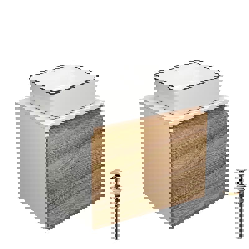 Изображение товара Комплект тумба под раковину BAUEDGE Dream 60 см подвесная и раковиной Hotel Black Rand BD1644 цвет бежевый белый