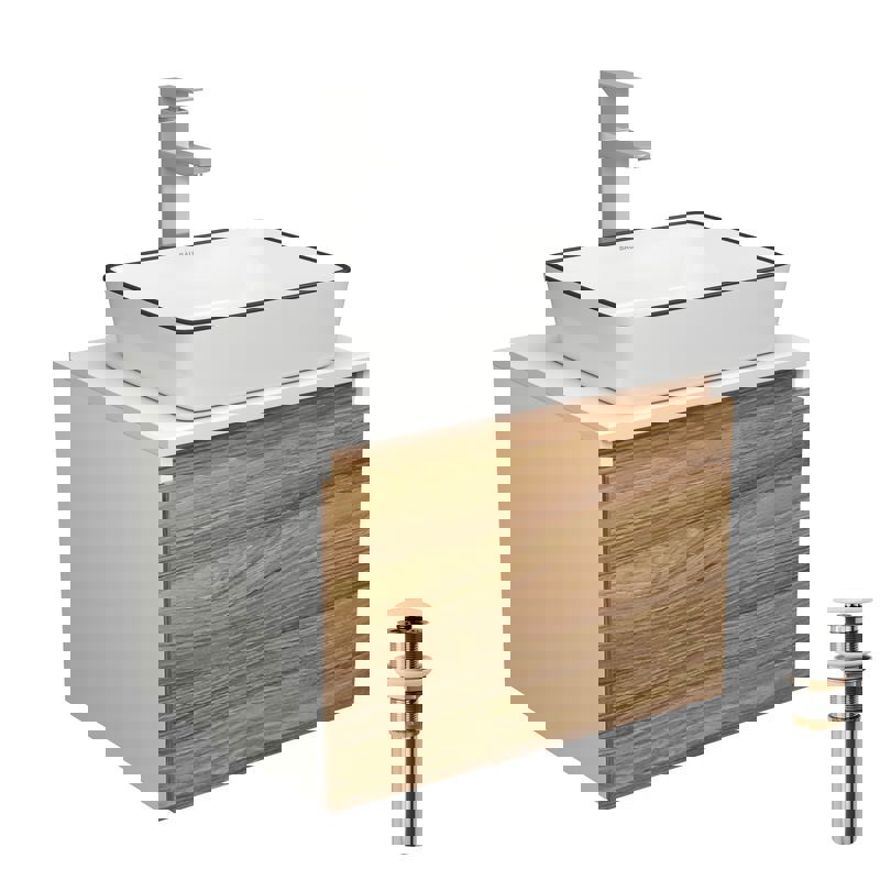 Изображение товара Комплект тумба под раковину BAUEDGE Dream 60 см подвесная и раковиной со смесителем BD1647 цвет бежевый белый