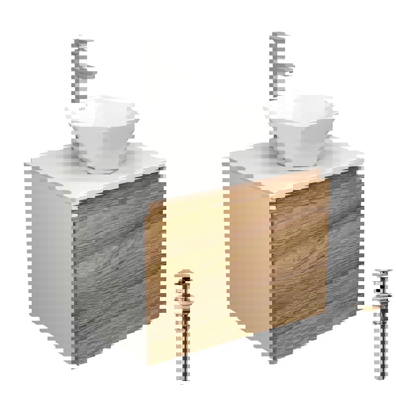 Изображение товара Комплект тумба под раковину BAUEDGE Dream 60 см подвесная и раковиной со смесителем BD1716 цвет бежевый белый