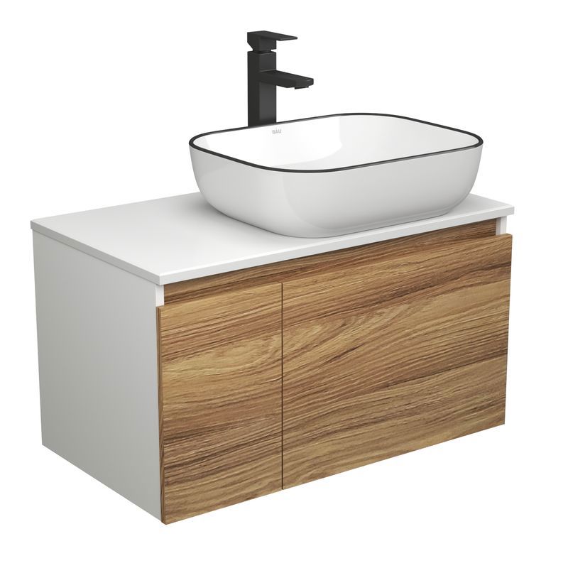 Изображение товара Комплект тумба под раковину BAUEDGE Dream Blackwood 80 см подвесная и раковиной Stil Black Rand со смесителем BD1761 цвет бежевый белый