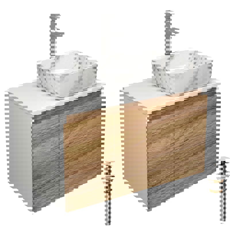 Изображение товара Комплект тумба под раковину BAUEDGE Dream 80 см подвесная и раковиной со смесителем BD1807 цвет бежевый белый